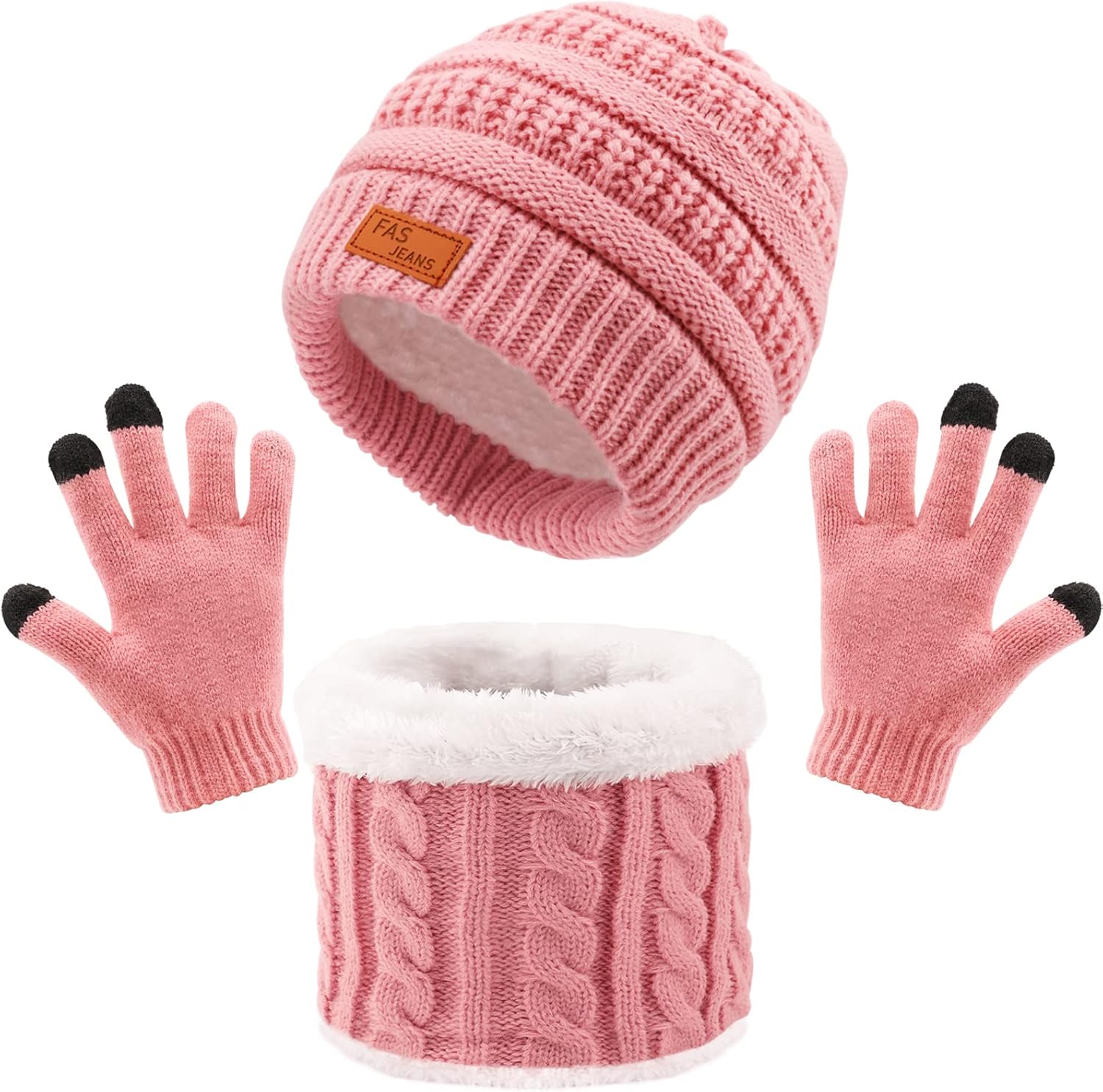 Baynetin Wintermuts, sjaal en handschoenen 3-delige set, thermisch warm gebreid beanie-cap met zachte fleece geborstelde binnenvoering, elastische nekwarmer, verdikte touchscreen handschoenen