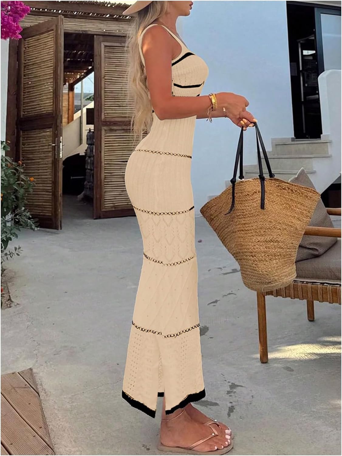 GORGLITTER Women's Crochet Bodycon Maxi Dress V Neck Spaghetti Strap Knit Boho Birthday Wedding Guest Dresses - Image 2