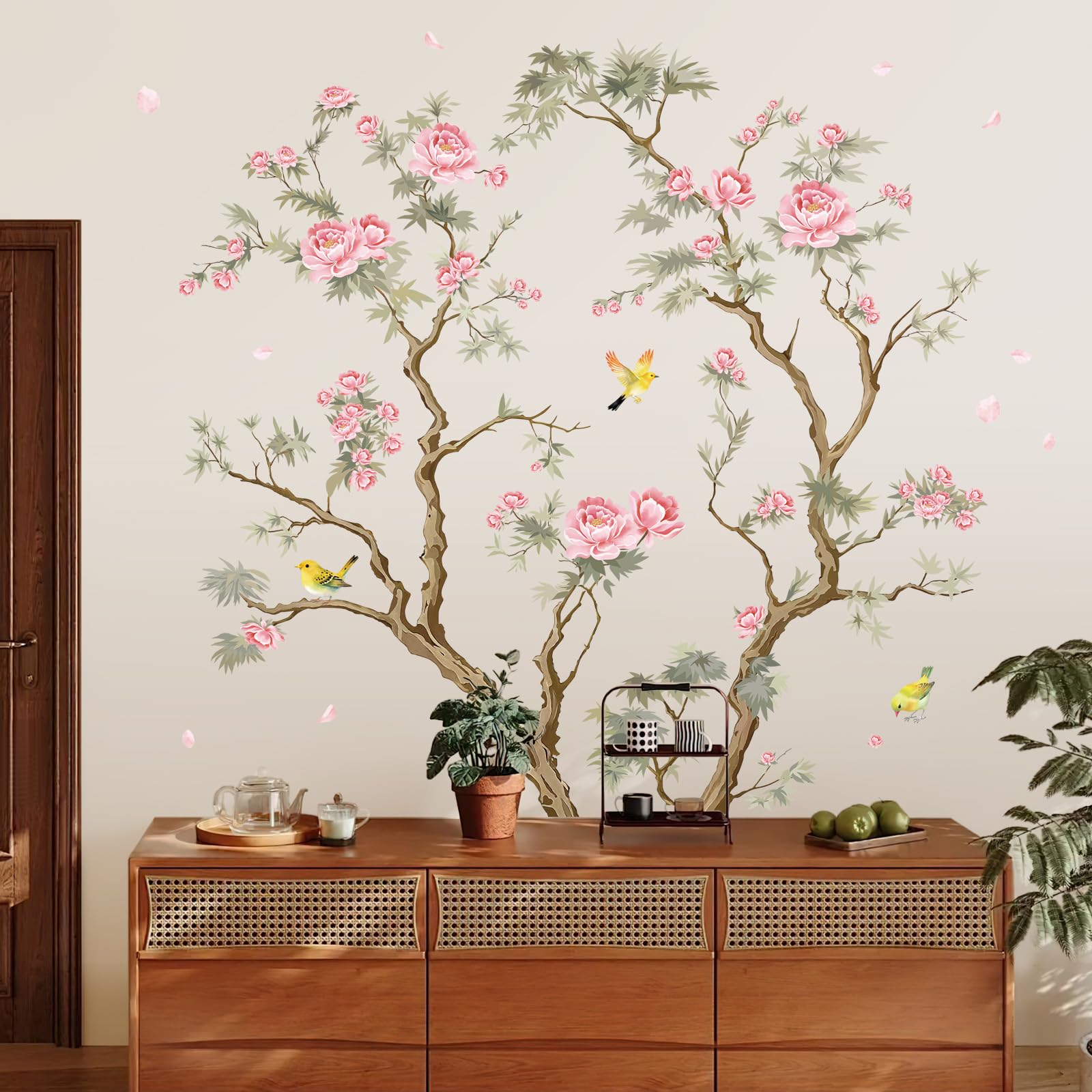 SHUCHING Large Pink Flower Tree Wall Stickers, Vintage Flower Branch Wall Decals, Removable Vinyl Decorations for Living Room Bedroom Sofa