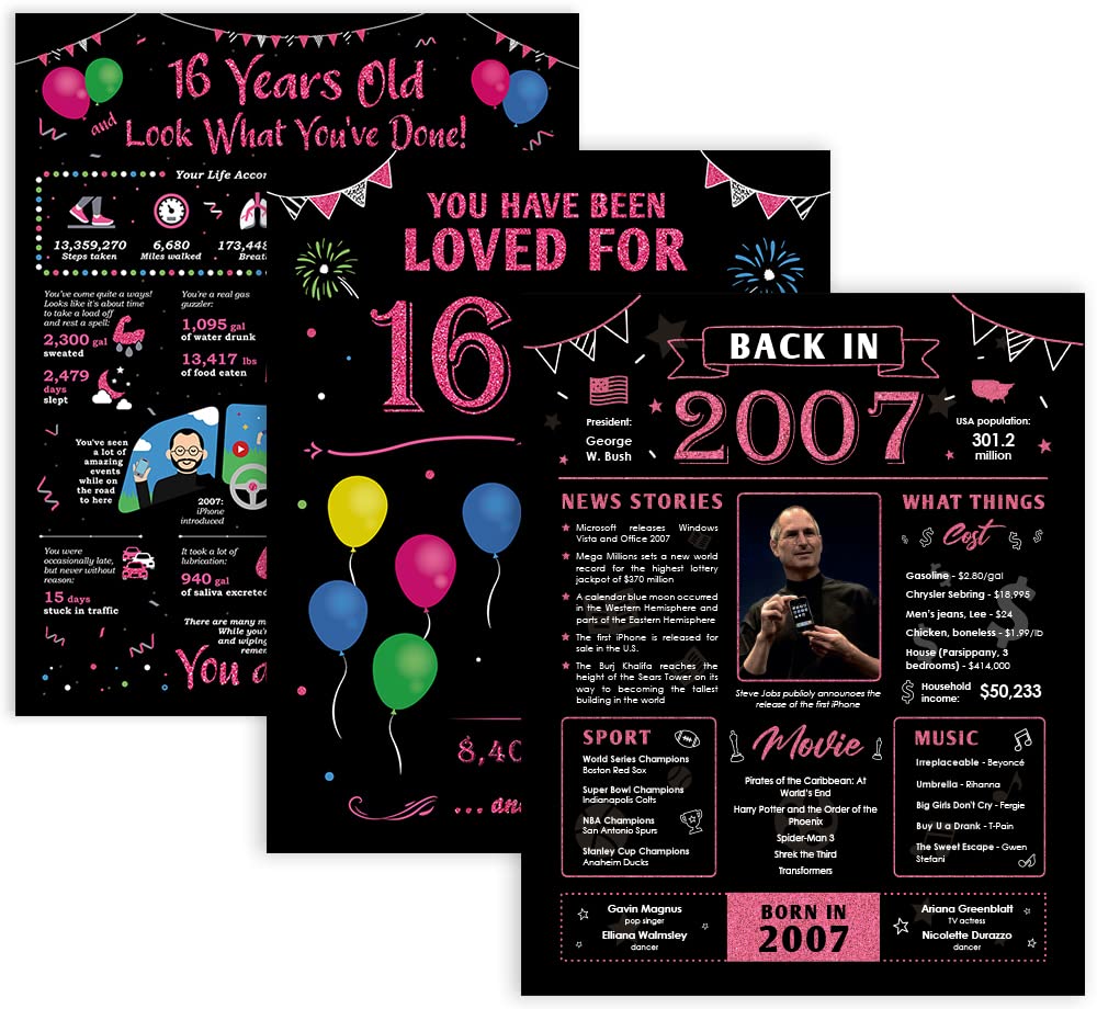 Sweet 16 Gifts for Girls - 16th Birthday Decorations for Girls - 16 Birthday Party Favors - 16th Birthday Gifts Ideas - Sweet 16 Centerpieces for Tables Supplies - Back in 2007 Poster [Unframed 8x10] [Set of 3]