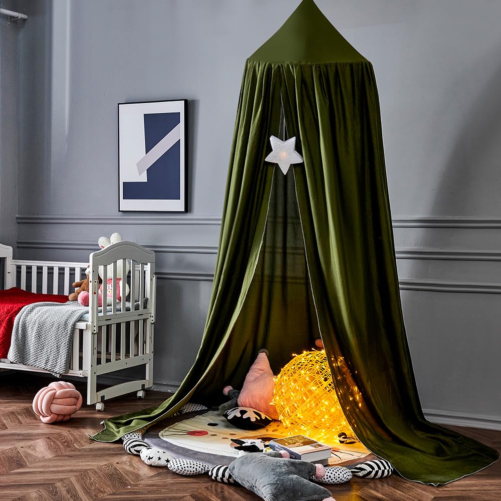 Surwin Bed Canopy for Children Dark Green Kids Round Dome Bed Canopy Mosquito Net Protection Canopy Bedroom Nursery Decoration Hanging Curtain Net Reading Corner Princess Play Tent for Baby Girls - Image 2