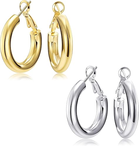 SHOWNII Aretes de aro de oro grueso, chapados en oro de 14 quilates, aretes de aro gruesos para mujer, aros gruesos y ligeros