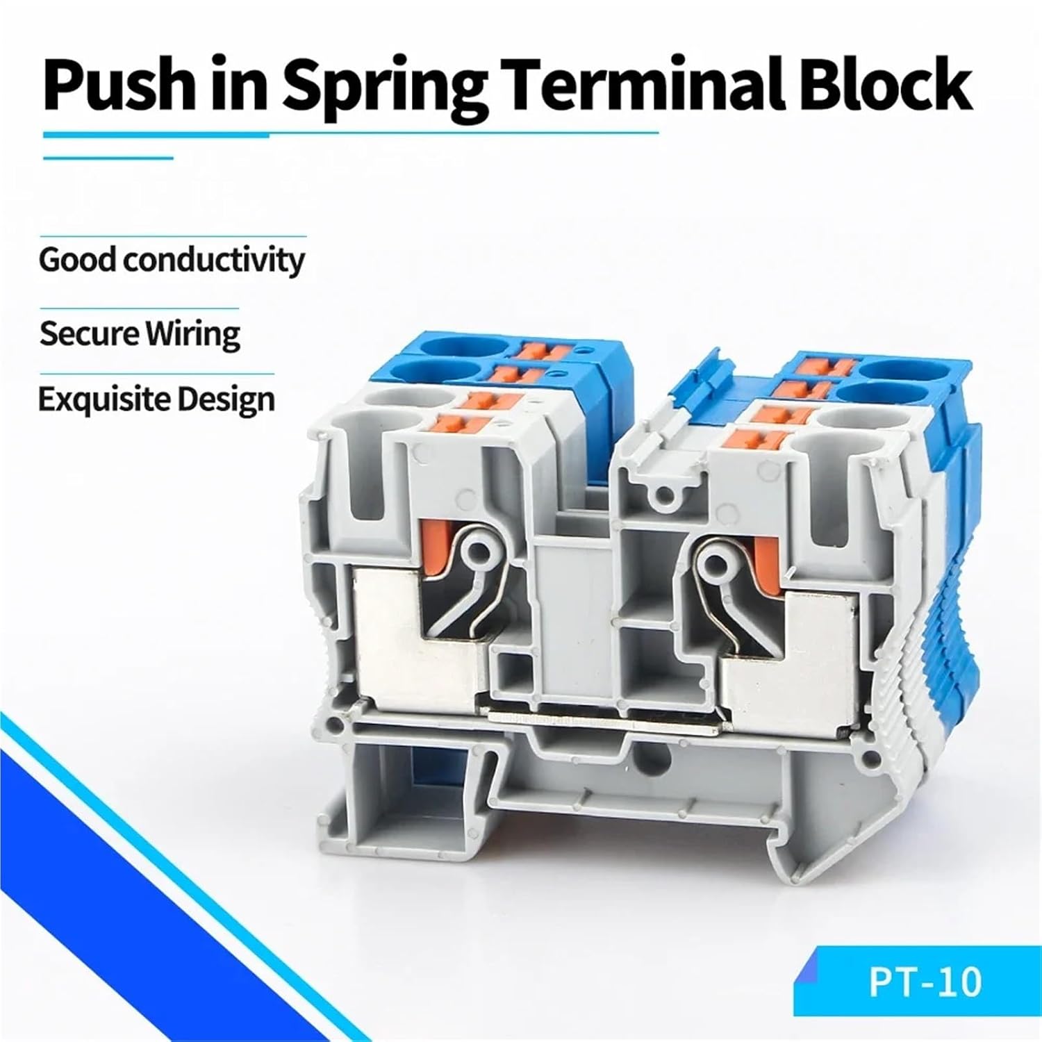 PT-10 Din Rail Terminal Block 10Pcs, 600V 24A Push in Spring Connector for Industrial Wiring, Feed Through Screwless PA66(Blue)