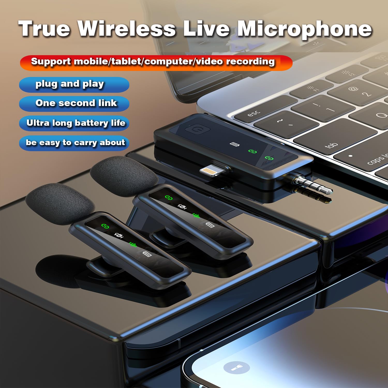 Microphone cravate sans fil 3 en 1, pour iPhone, Android, iPad, pour enregistrement vidéo, streaming, interview, vlog, TikTok, YouTube