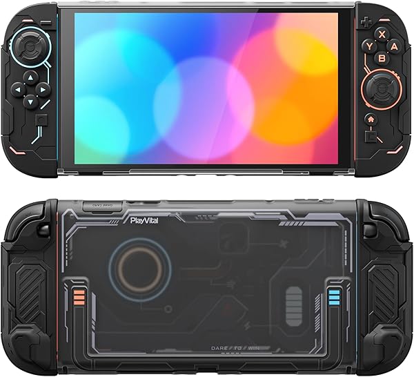 PlayVital Protective Case for Nintendo Switch 2, Stellar Mecha Ergonomic Anti-Slip Silicone Grip Cover, Dockable Hard Case Shell for Switch 2 with Joystick Cap & Sticker - Black