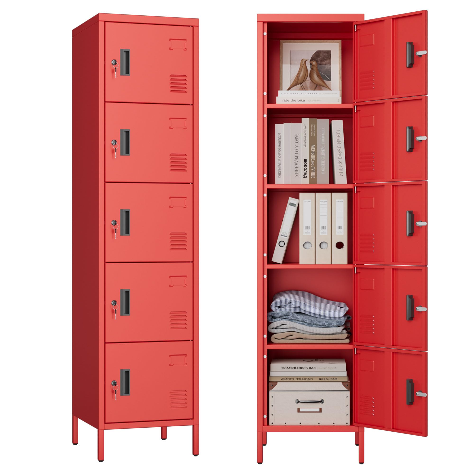 Aobabo 16" W 5 Door Metal Storage Locker with Lock, 66" H Steel Locker with Name Card Holder and Metal Leg for School, Home, Office, Playroom, Assembly Required, Red