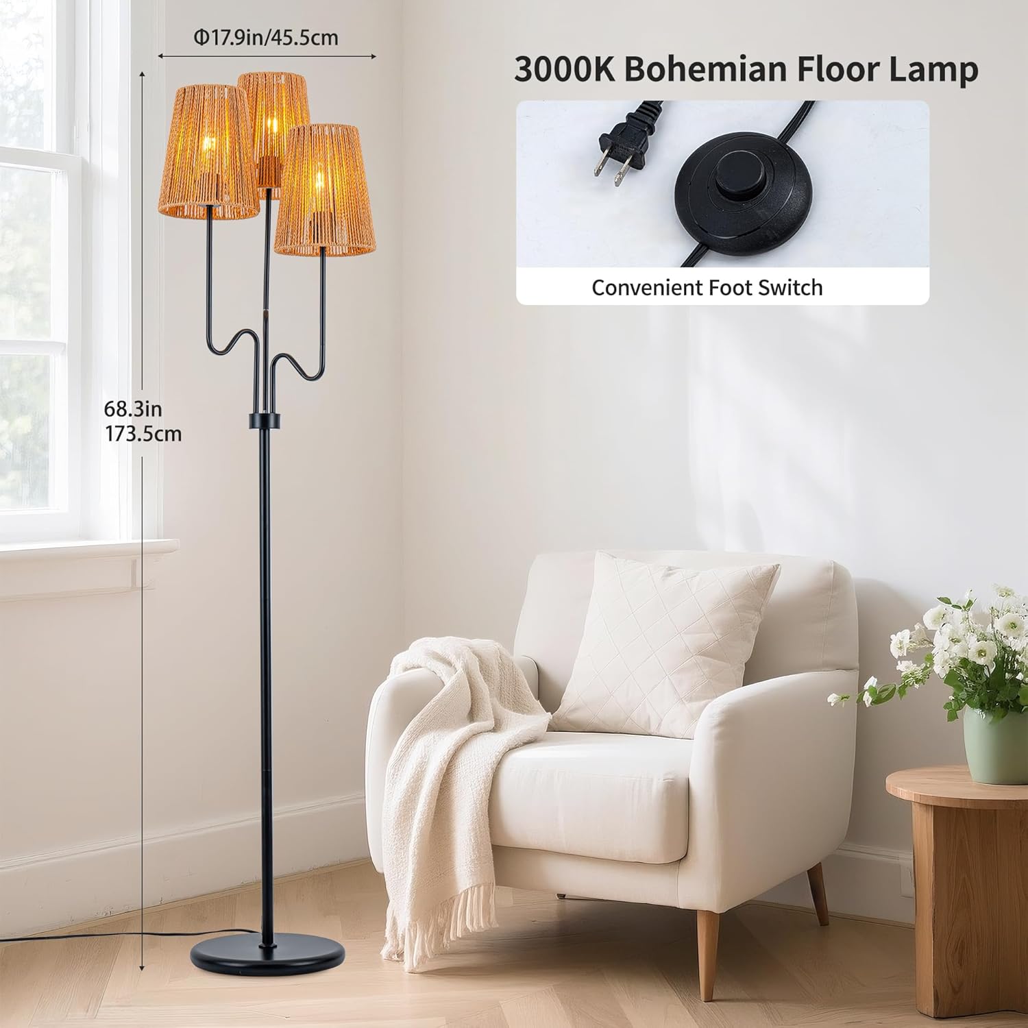 MAYNA Bohemian Floor Lamp, 68 in. Rattan Floor Lamp with Rattan Shade, 3-Light Tree-Shaped Stand Lamp for Bedroom, Nursery, E26 Socket, Living Room(Black)