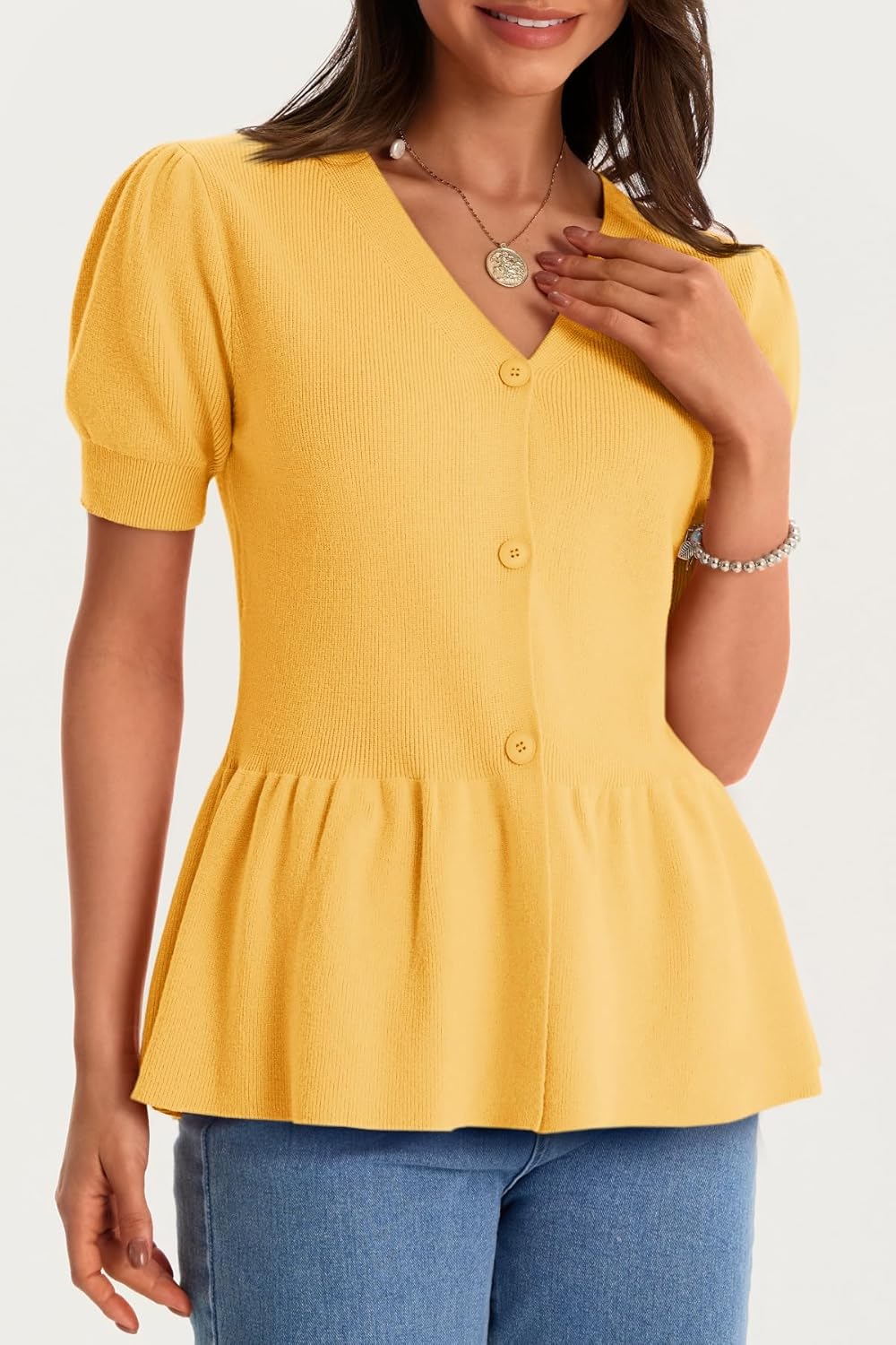 Cicy Bell Womens Short Puff Sleeve Sweater Cardigan V Neck Summer Button Down Sweaters Peplum Cute Knit Babydoll Tops - Image 5