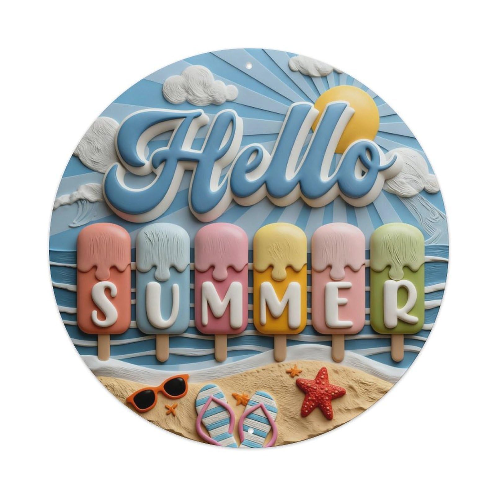 Hello Summer Popsicle Beach Scene Round Metal Tin Sign Vintage Wall Decor, Bar Garage Cafe Kitchen Home Wall Art Poster 8x8inches