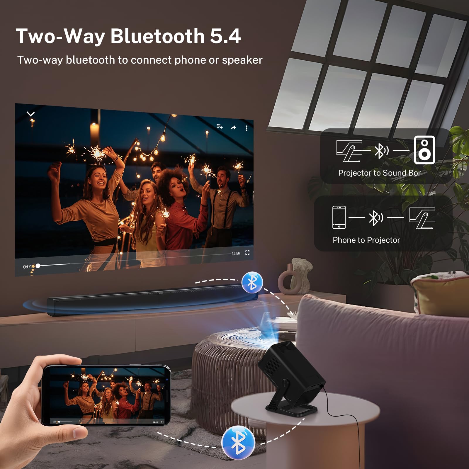Mini Beamer mit Android 14, Klein Smart Projektor Native 720P (4K Dekodierung), WiFi 6 & Bluetooth 5.4, Auto-Keystone, Portable TV Projector Kompatibel mit iOS/HDMI/USB/iPhone, schwarz