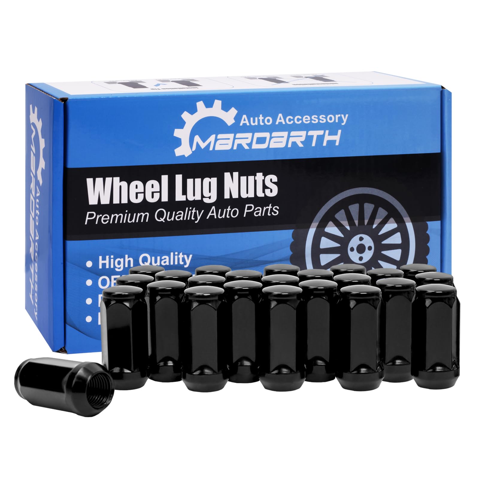 Set of 24, 14x1.5 Lug Nut 1.75 in Black Bulge Acorn Compatible with 1999-2023 Silverado Sierra 1500