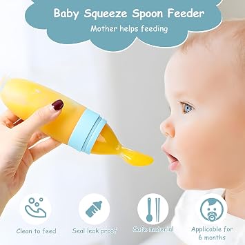Baby Food Feeder 4 Pack Silicone Baby Food Dispensing Spoon-3 oz Squeeze Feeding Spoons with Suction Cup for Boys Girl Kids Toddlers - Self Feeding Bottle Spoon-Light Blue