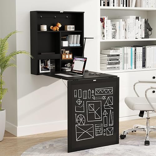 Miniatura 2 de Tangkula Escritorio plegable montado en la pared, escritorio flotante con pizarra, escritorio plegable para ahorrar espacio, escritorio convertible