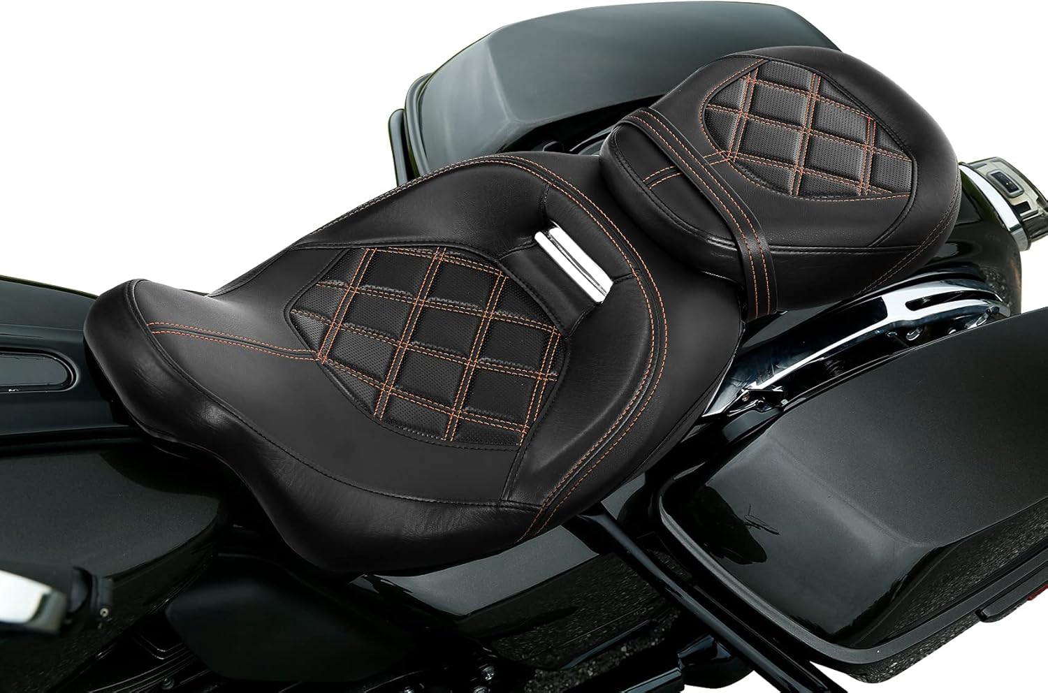 XFMT-moto-part Low-Profile Leather Seat Pillion Passenger Rider Seat Set For Harley Touring Road King Street Glide Road Glide Electra Glide CVO 2009-2020,Orange Stitching,Style 2