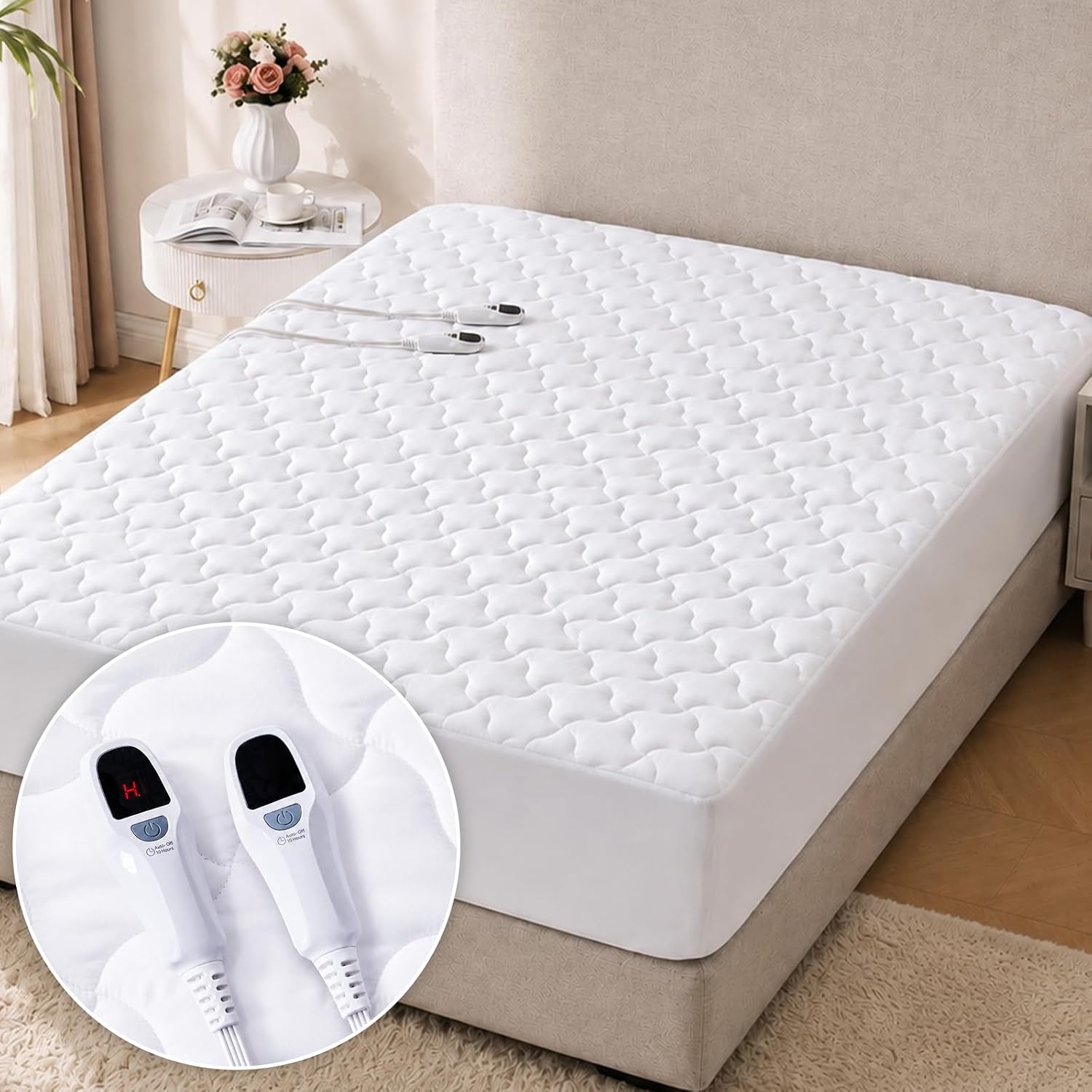 Queen Size Heated Mattress Pad - Auto Shut Off Electric Mattress Pad Cover - 10 Heat Settings Bed Warmer with Deep Pocket, Dual Control, Fast Heating, Machine Washable, Cloud White