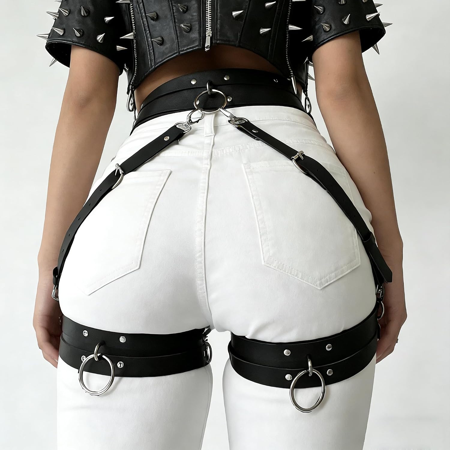 Women's Punk Gothic Leather Thigh Harness & Garter Belt Set-Adjustable Waist Cincher with Anti-Slip Leg Garter Straps for Cosplay,Nightclub Party Outfits and Body Chain Fashion Accessories