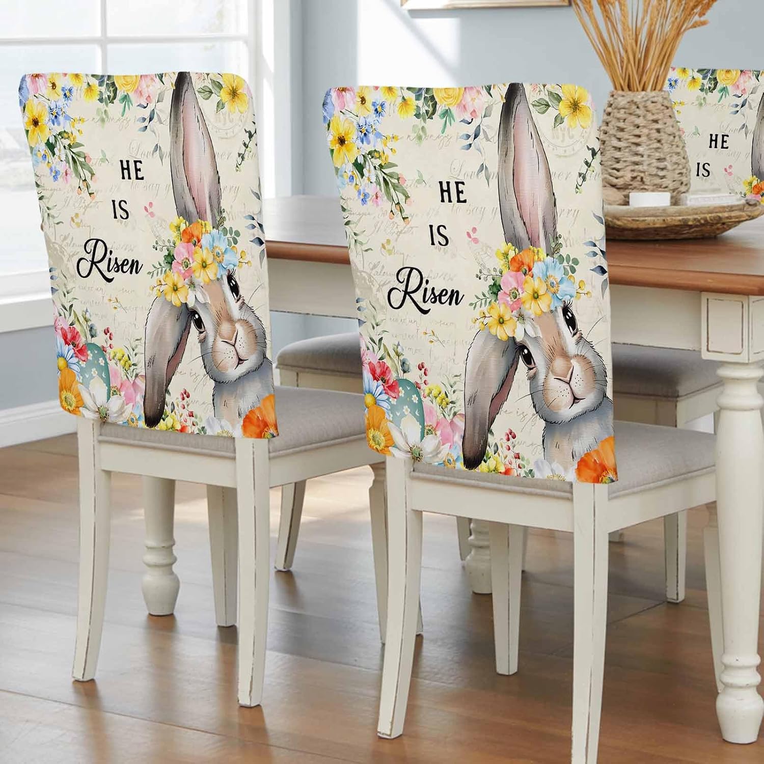 Happy Easter Chair Back Cover for Dining Room, Chair Covers Set of 6, Spring Bunny He Is Risen Yellow Flower Floral Beige Removable Washable Slipcovers for Kitchen Hotel Banquet Decor,18x19in