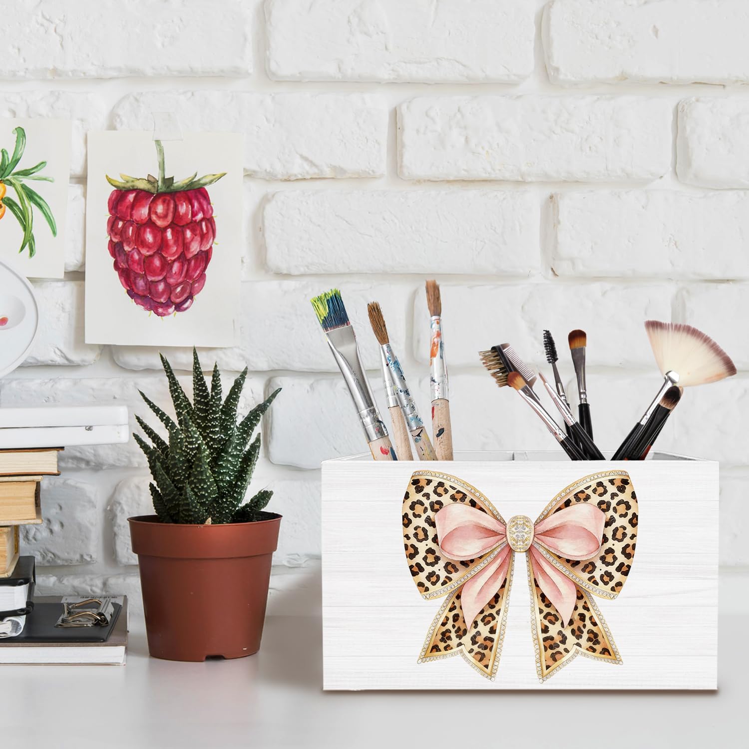 Coquette Pink Leopard Bow Pen Holder for Desk, Preppy Girly Pencil Organizer, Trendy Cheetah Print Bow Wooden Box Sign Desk Decor for Girls Bedroom Dorm Home Office Decoration image 4