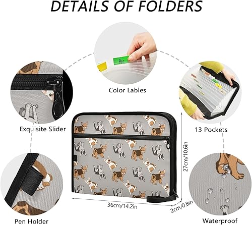Miniatura 3 de Lindos bulldogs franceses - Carpeta de archivos expansible, 13 bolsillos, organizador de archivos expandible de acordeón A4, bolsa de documentos,