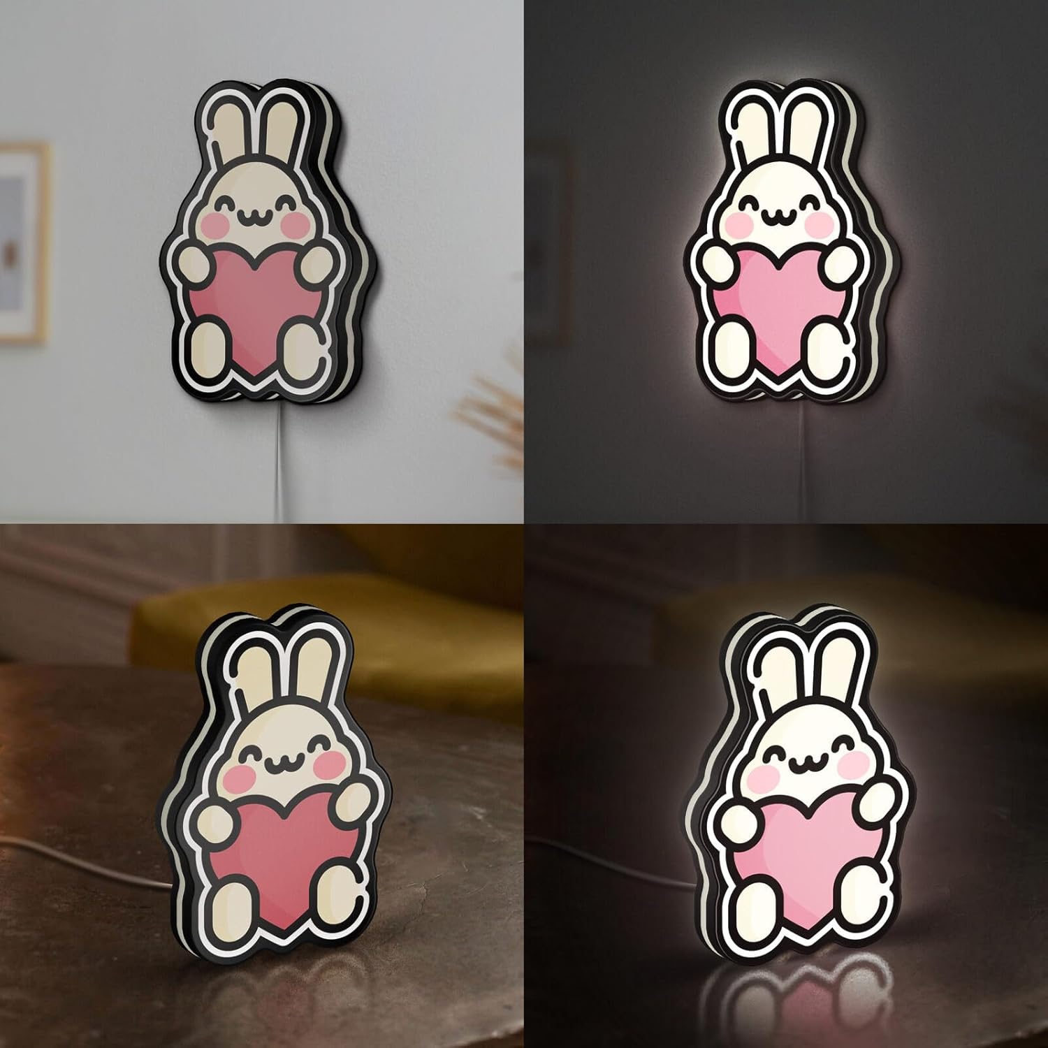 バニーホールディングハート3Dノベルティライトボックス、カスタムテキストオプション、カップル向けのロマンチックなバレンタインギフト、