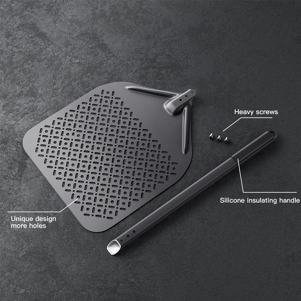 Pala de pizza perforada de 14 pulgadas, pala de pizza perforada de aluminio anodizado duro, pala grande para pizza para hornear pizza casera y pan, 88 cm en total