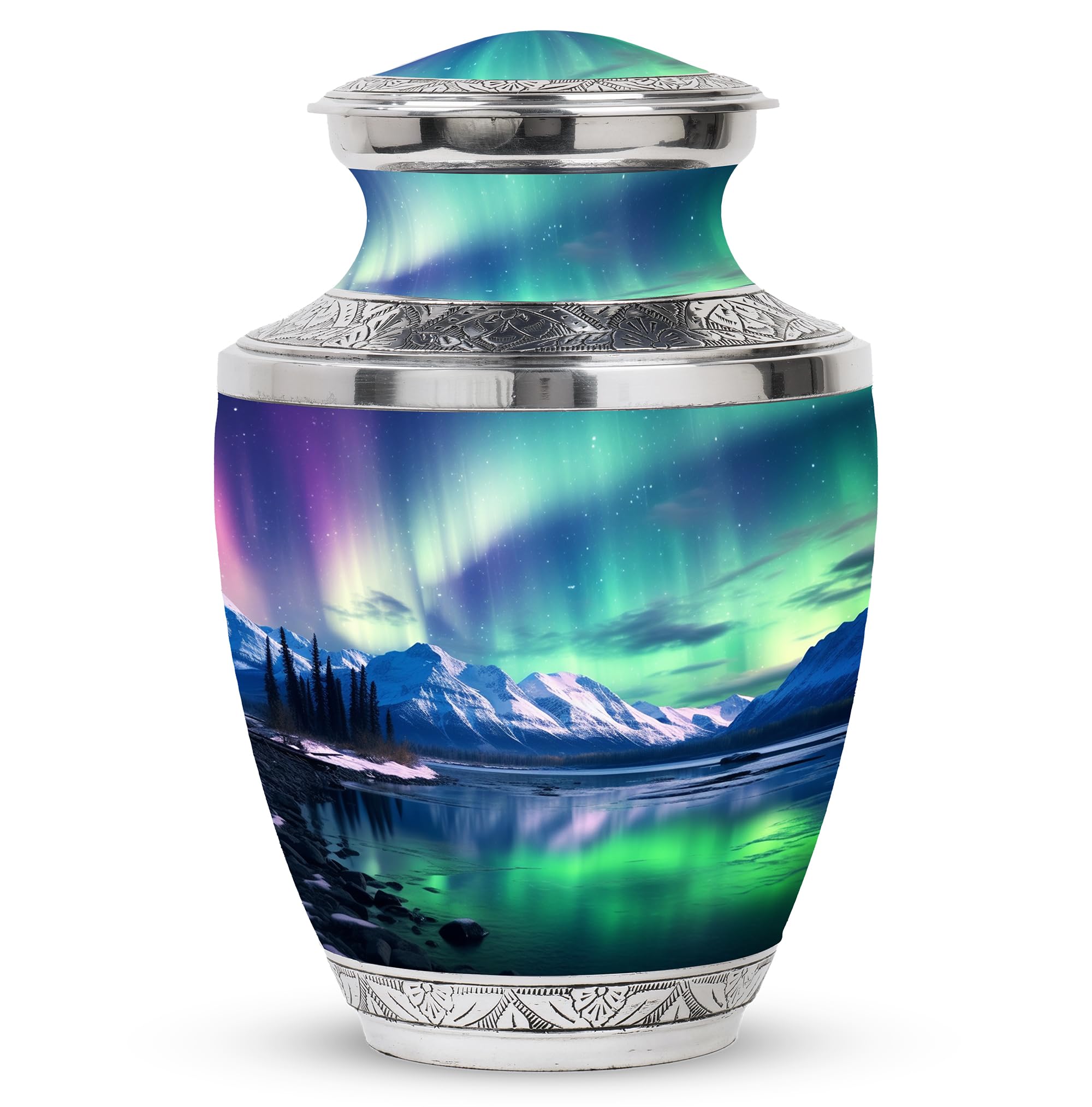 SUBSH Aurora Borealis Over Mountains and River in Front - 10Inch Large Adult Cremation Urn - Men's Ashes Urn