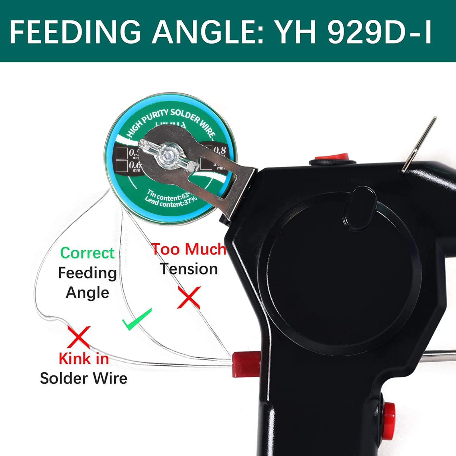 YIHUA 929D-I - Pistola de soldadura motorizada de alimentación automática con temperatura precisa variable (200.0-450.0 °C), interruptor de encendido y apagado, dial de ajuste de temperatura para