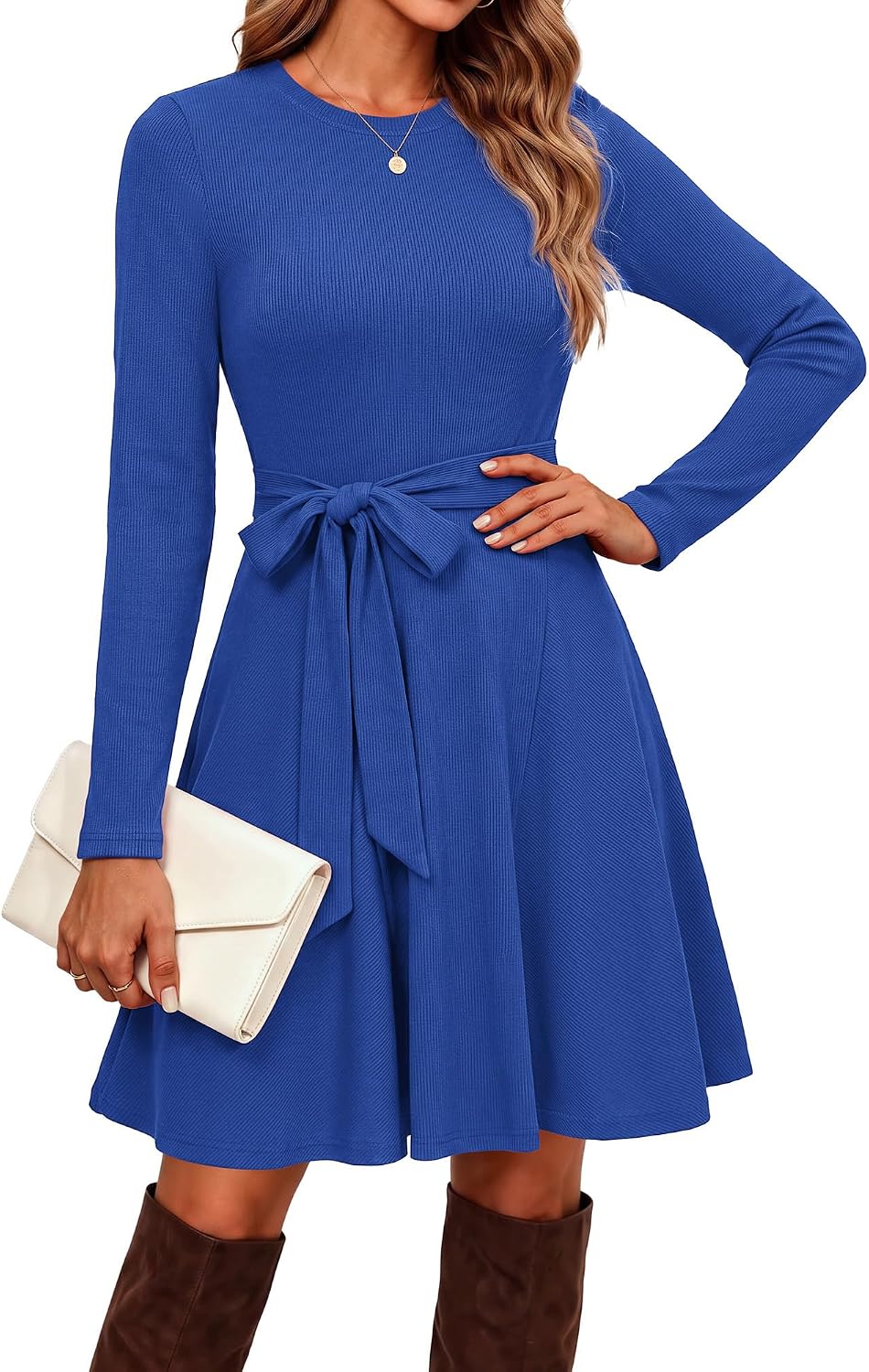 GRACE KARIN Women's 2026 Fall Long Sleeve Belted Mini Dresses Klein Blue M