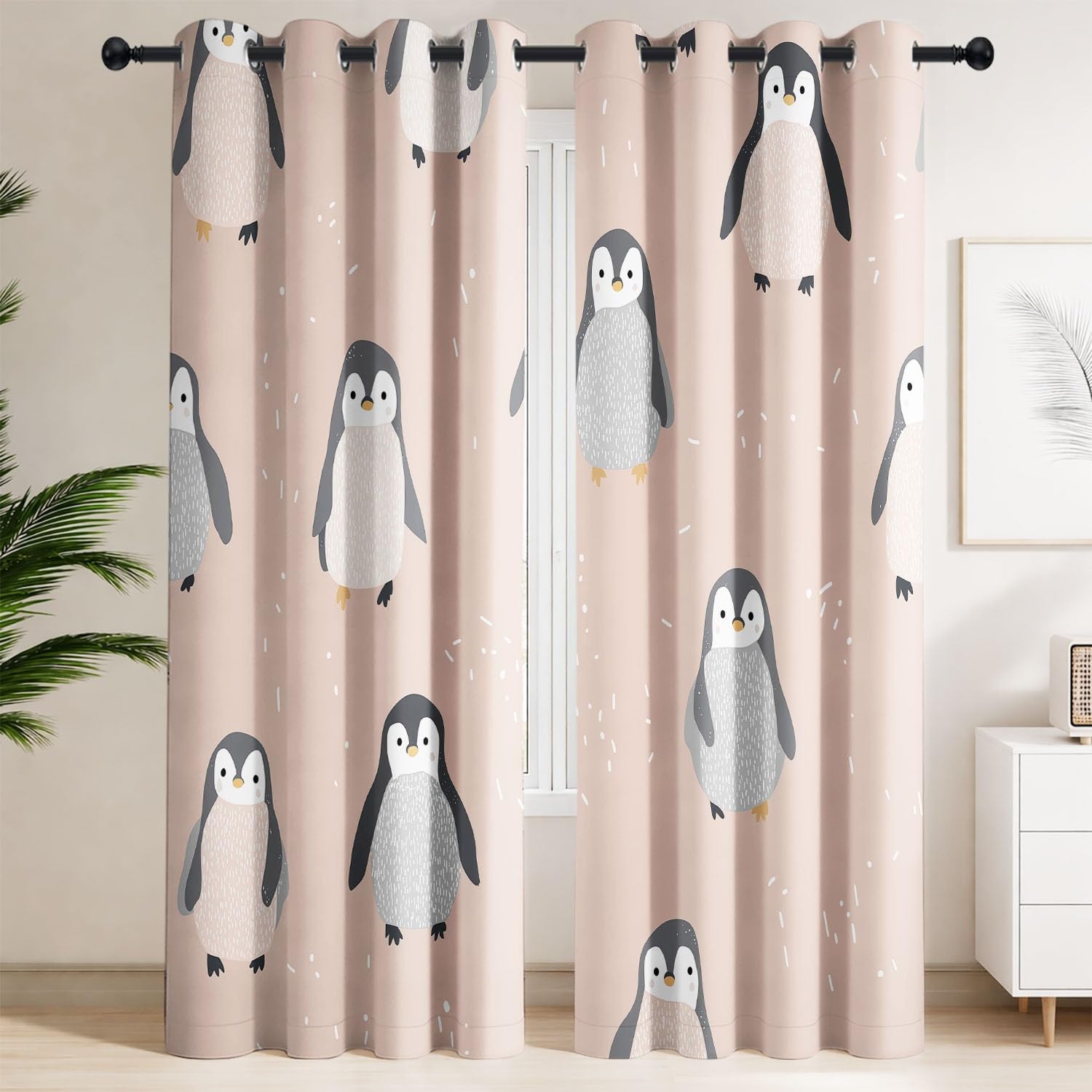 Generisch Süße Pinguine, Winterliche Polartier-Grafik Vorhänge Blickdicht 215 x 140 cm | Gardinen 2er Set - Ästhetisch Sanfter Cartoon, Soft-Nordisch - Verdunkelungsvorhänge für
