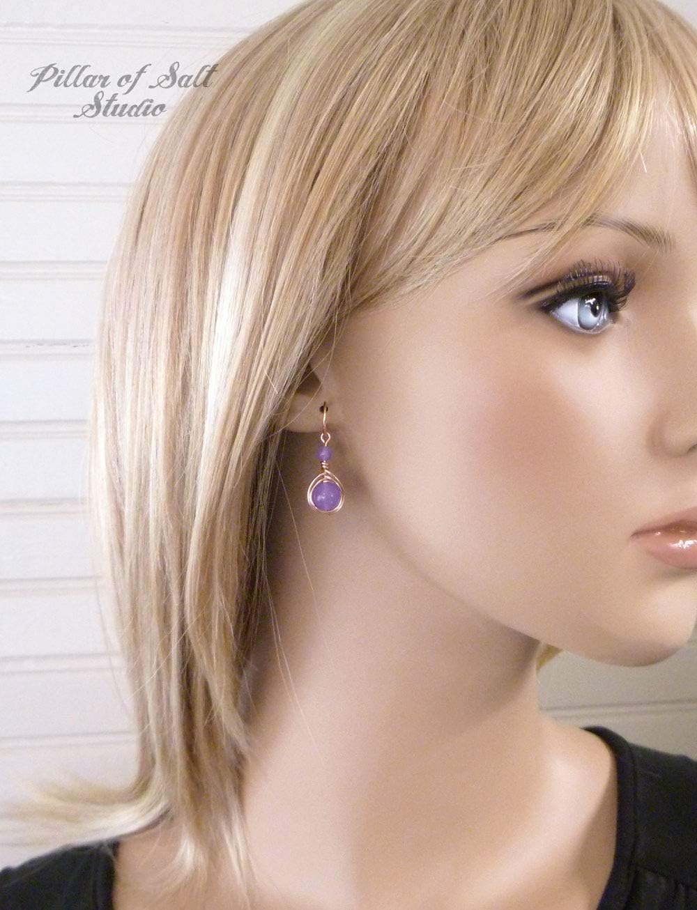 Pillar of Salt Studio Handcrafted Earrings Rose Gold-filled Wire Wrap with Violet Quartz Stones (1" drop)