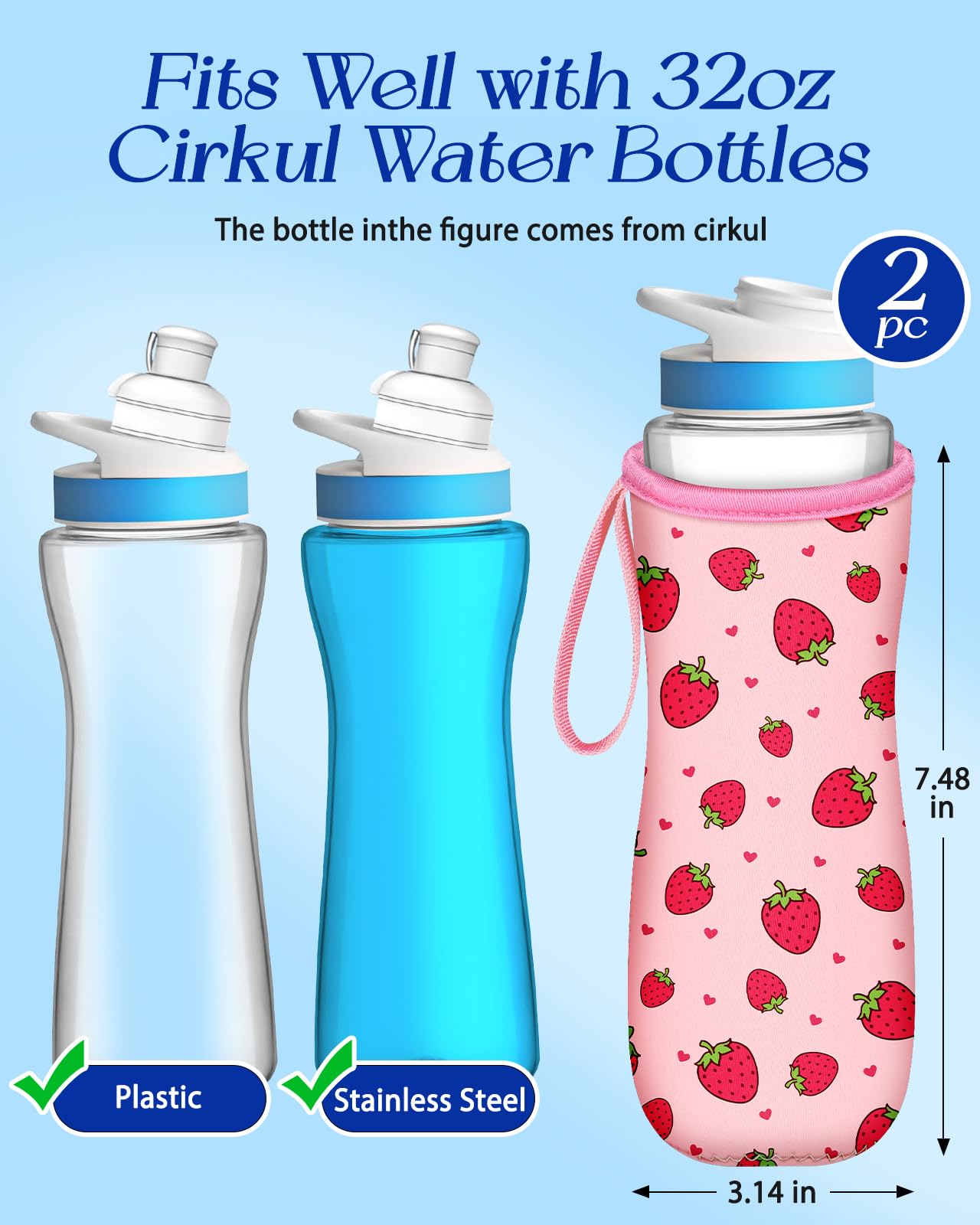 Toykee Water Bottle Sleeve for Cirkul 32 oz - 2 Pack Bottle Cover Holder Carrier with Handle Strap Cute Pink Red Strawberry Print for Girl