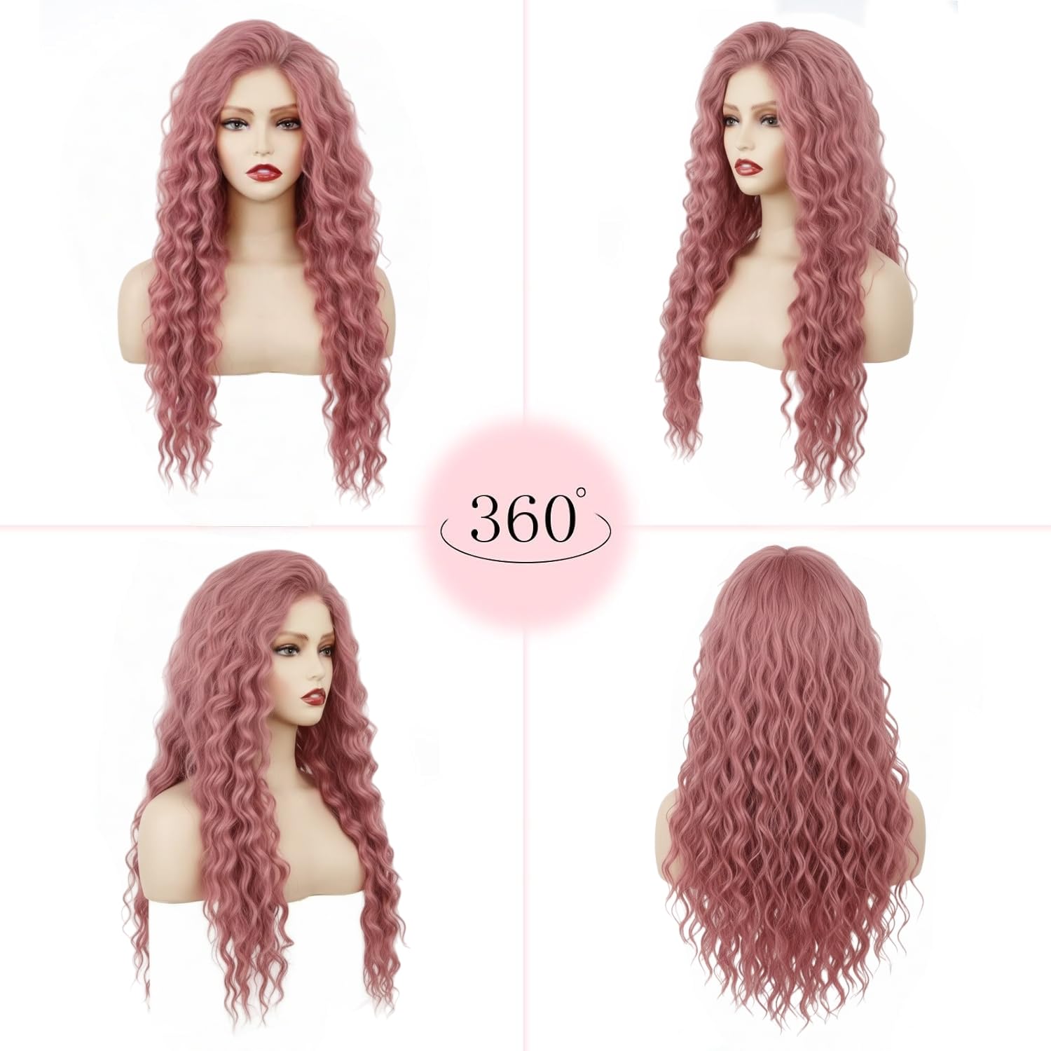 Long Pink Curly Wavy Wig for Women Natural Ombre Fluffy Synthetic Hair for Costume Cosplay Halloween Party