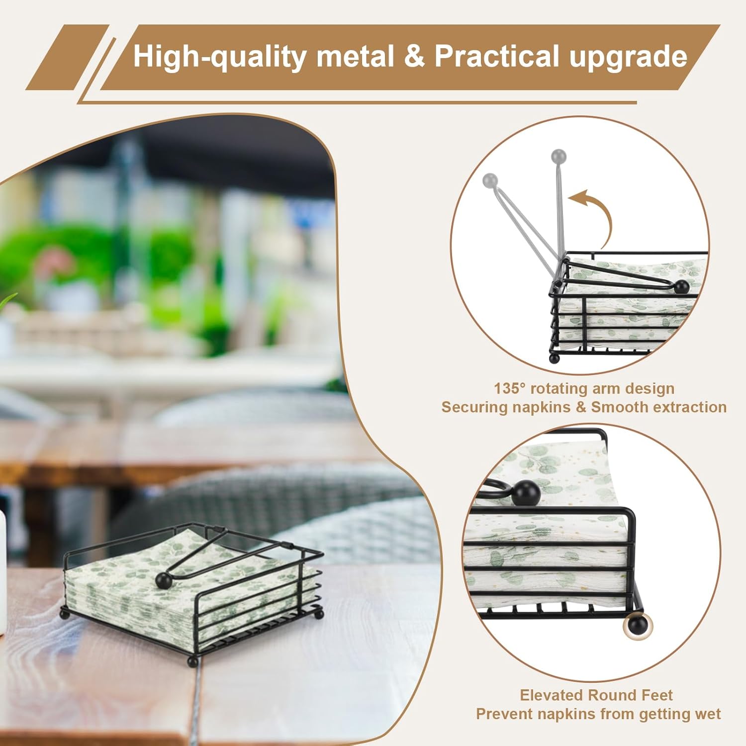 6 Pcs Napkin Holder for Table Bulk Black Flat Napkin Dispenser with Weighted Arm Square Metal Cocktail Organizer for Kitchen Dining Room Restaurant Farmhouse Hotel Outdoor Decoration