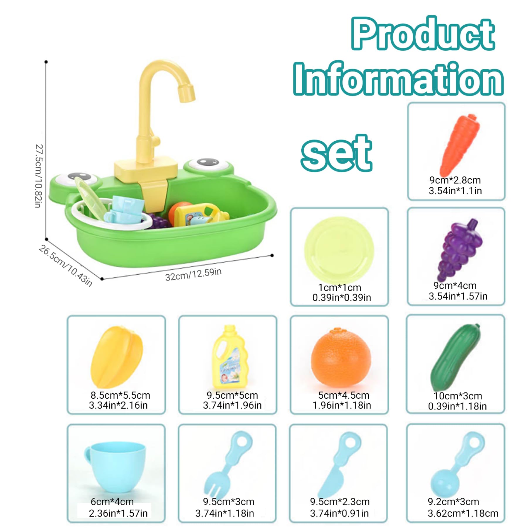 Évier pour Enfants avec Eau Courante, évier de Jeu en Plastique Grenouille avec Robinet Rotatif à 180 °, avec modèle de Jouet légumes, Fruits, Vaisselle, Panier à détergent et égouttoir, décorations