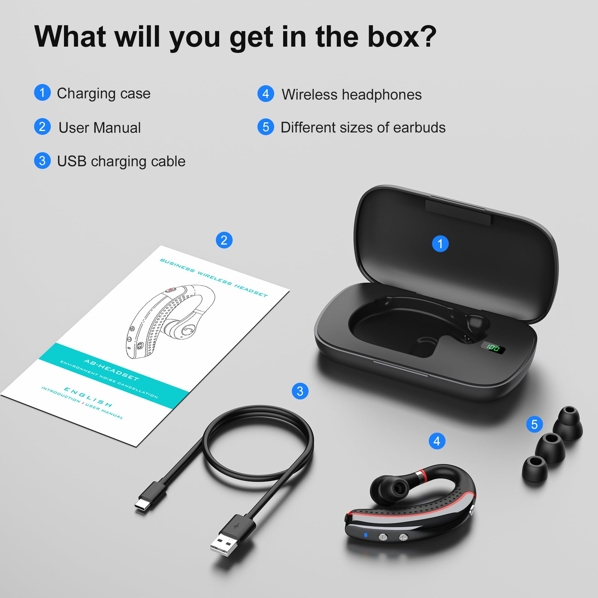 Auriculares Bluetooth V5.3, auriculares Bluetooth con tiempo de conversación de 72 horas, auriculares manos libres, ajuste cómodo, auriculares Bluetooth con micrófono para dispositivos iOS