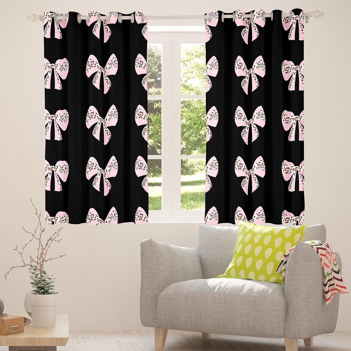 Bowknot Kids Window Curtains,Pink Leopard Print Bow Window Drapes for Boys Men,Fairy Girly Style Window Treatments Grommet Top 2 Panel Set,42Wx63L Inch