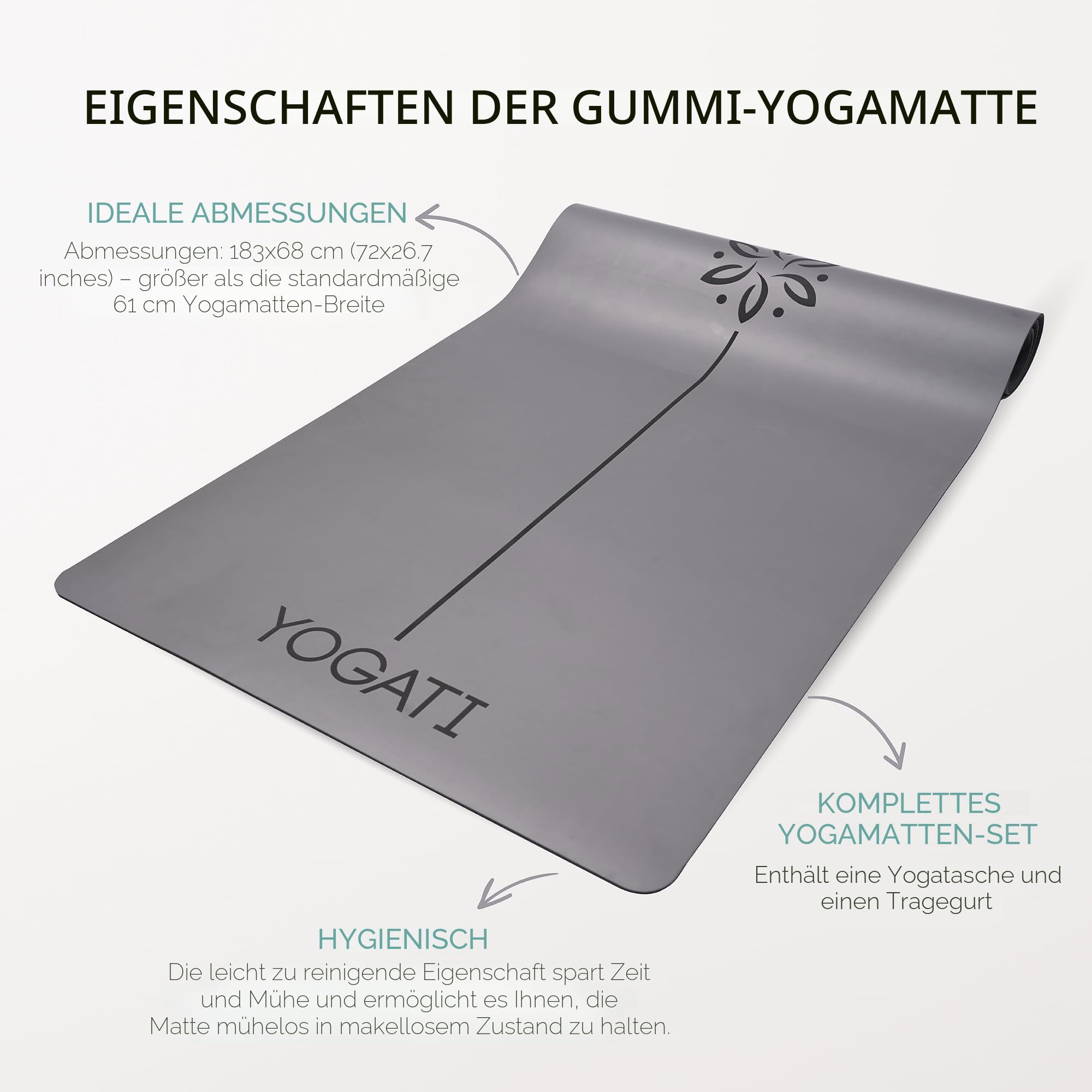 YOGATI® Yogamatte rutschfest Naturkautschuk mit Tasche - Yoga Matte groß mit Markierung, Sportmatte breit, Ideal für Fitness, Pilates und Gym Workout, Fitnessmatte Rutschfest für Damen