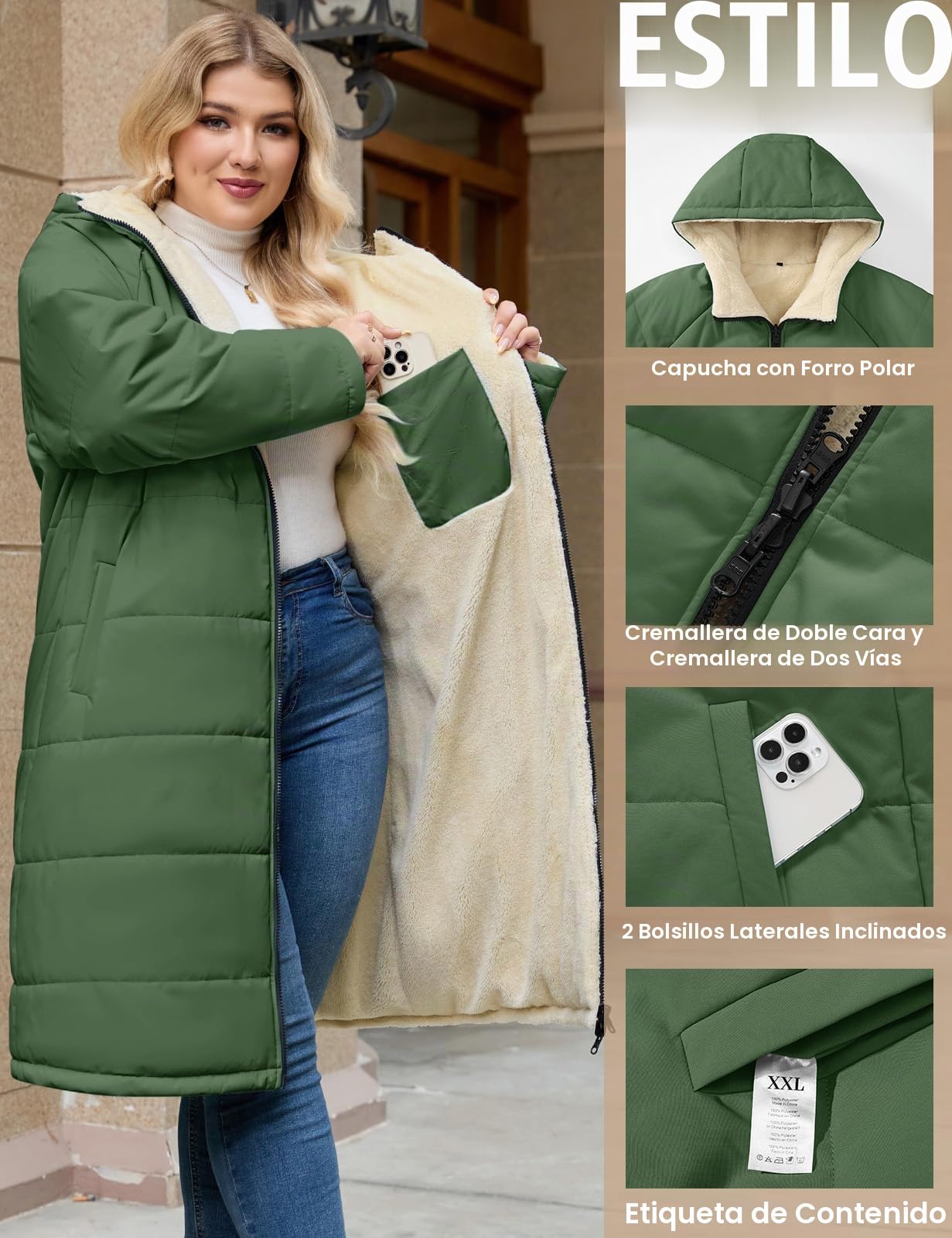 CMTOP Abrigos Mujer Invierno Largo Talla Grande, Resistente al Viento Cálido Chaqueta Reversible Abrigo, Abrigada Parka Abrigo Acolchado con Capucha y Cremallera