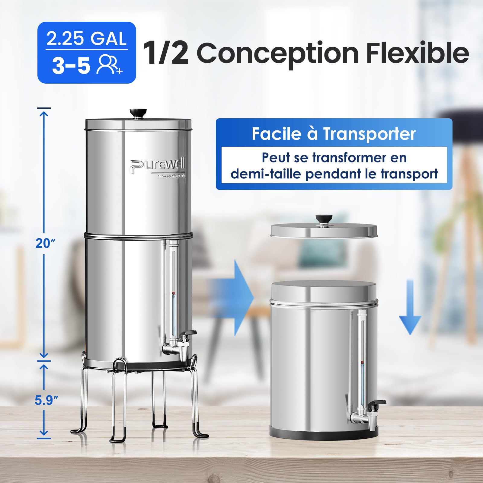 Purewell Filtre à Eau 8,5 litres par Gravité - Cuve Acier Inox 304 + 4 Filtres (Charbon/Fluor) - Robinet Visuel - Élimine 99% Fluorures/Chlore/Métaux - Sans Électricité