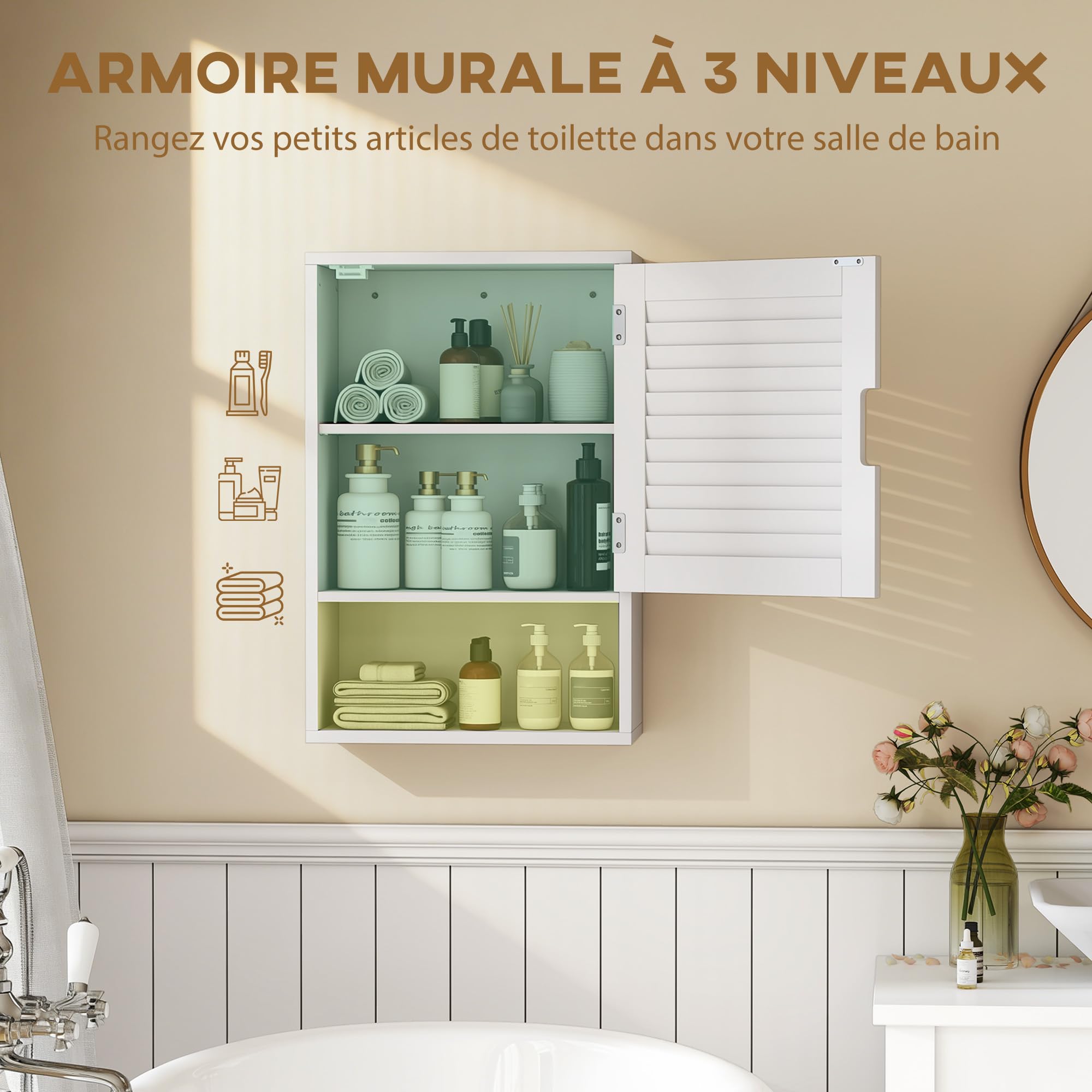 HOMCOM Armoire Murale de Salle de Bain, Meuble de Rangement Suspendu pour Salle de Bains avec Porte à Lattes, étagère réglable et Compartiment Ouvert, Meuble WC Suspendu, 40x20x60cm, Blanc