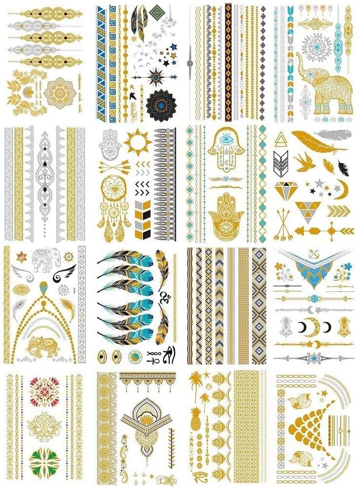 80 Sheets Temporary Tattoos: Waterproof Metallic Tattoo Stickers - Fake Tattoos Gold Silver Glitter Decoration for Women Teens Girls - Temp Tattoo for Body Art DIY Beauty Fashion Designs (80Pcs)
