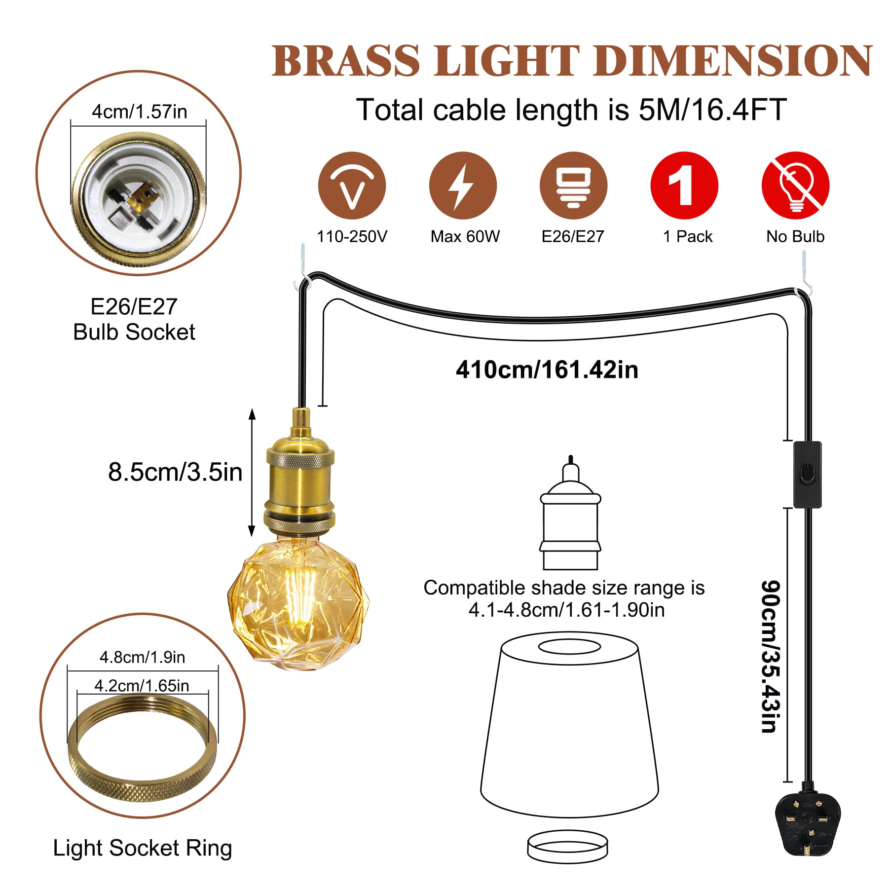 Vintage Brass Pendant Light Fitting, 5 M Black Round Cable Hanging Lamp with Plug in Cord - Image 2