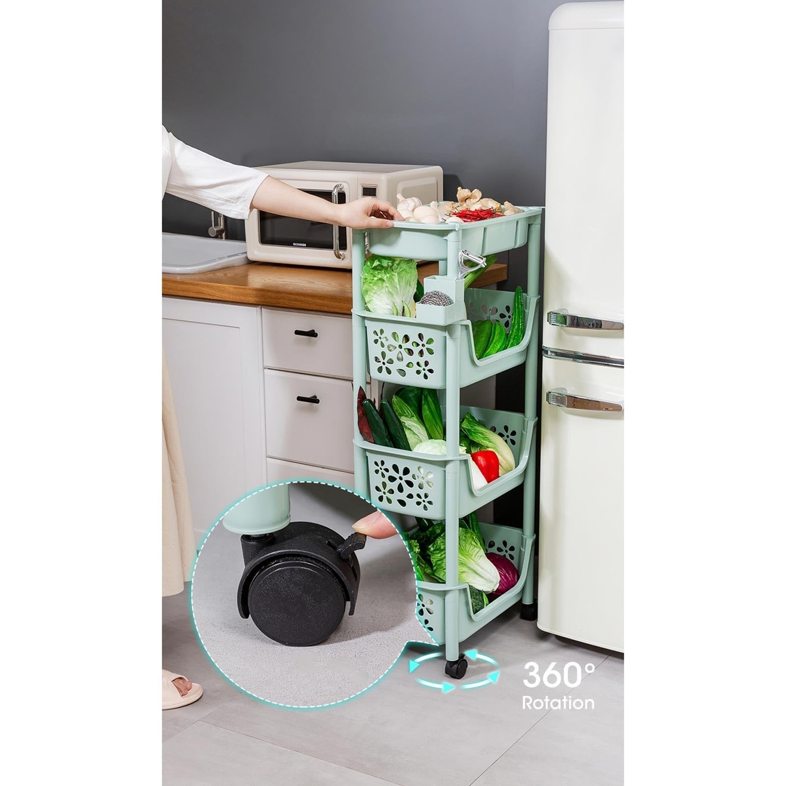 Armadietto Dispensa Scaffale da cucina a 4 livelli con base su ruote Scaffale da scaffale Scaffale da cucina multistrato Scaffale da cucina in plastica Organizzatori E Contenitori Per La Cucina