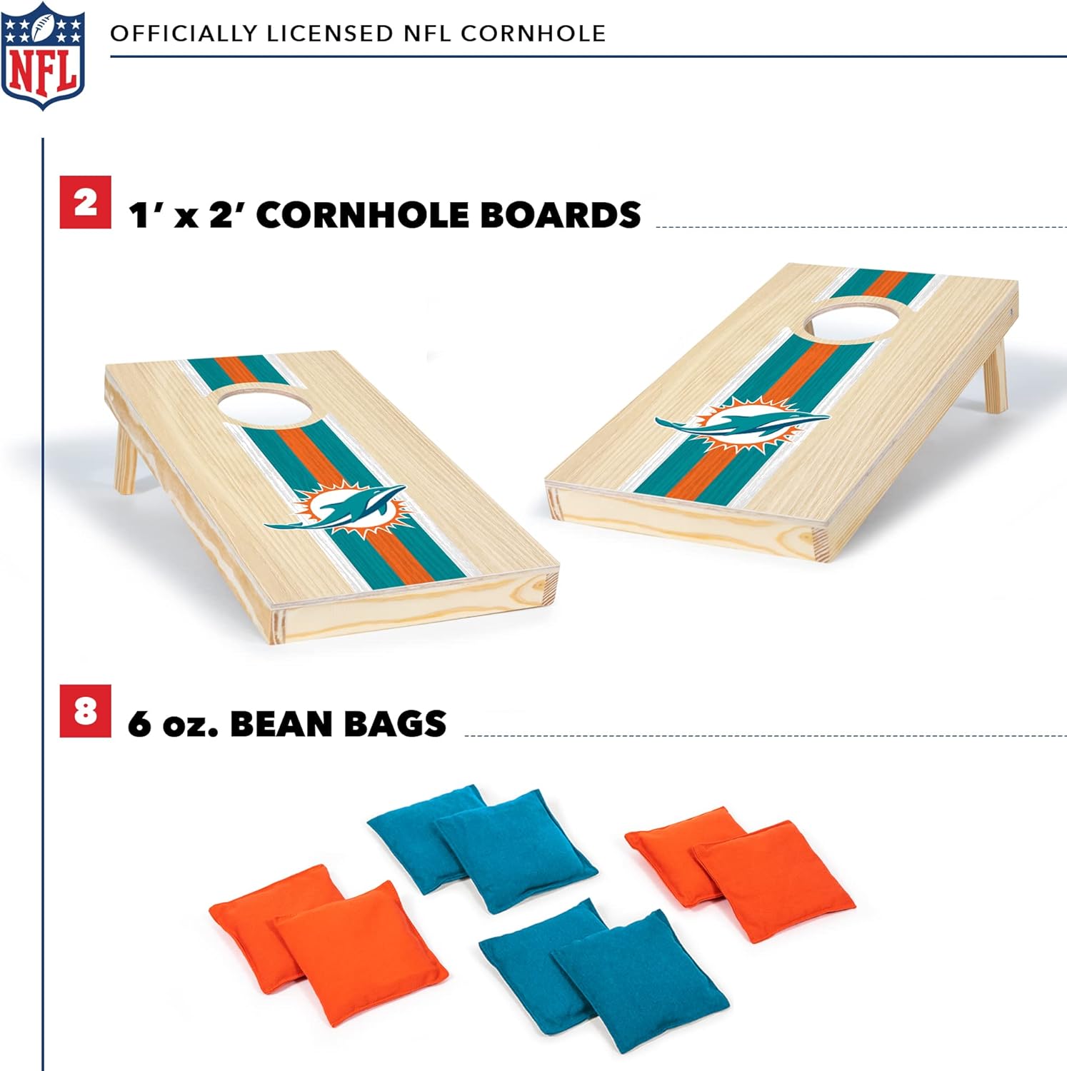 Wild Sports NFL Football Miami Dolphins 1' x 2' Travel Size Solid Wood Cornhole Set with Direct Print HD Team Graphics – Great Gift for Any Sports Fan! Bean Bag Toss Family Games for Outdoor Play