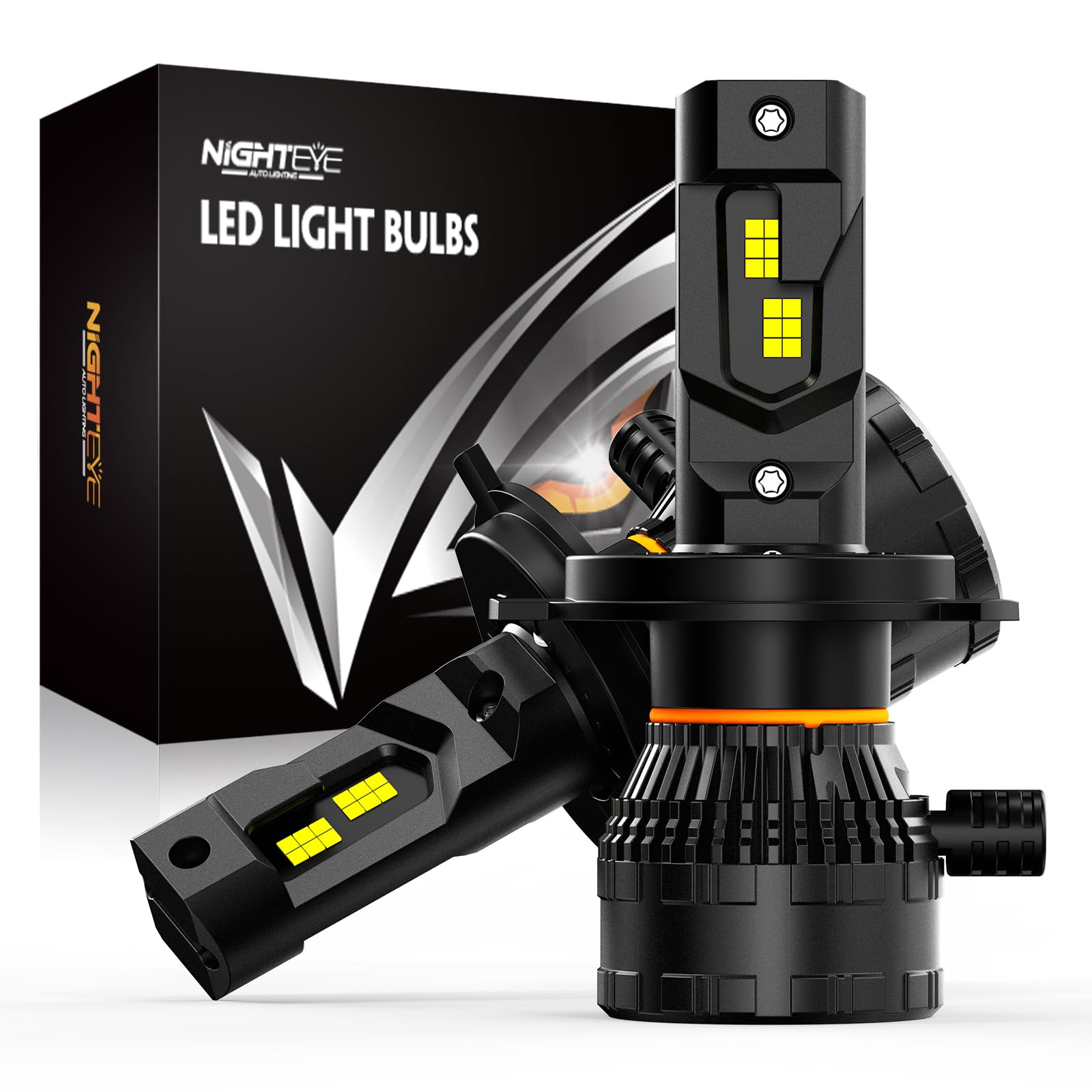 NIGHTEYE Lot de 2 ampoules de phare LED H4 40 000 lm 200 W avec ventilateur, 800 % 6500 K Blanc