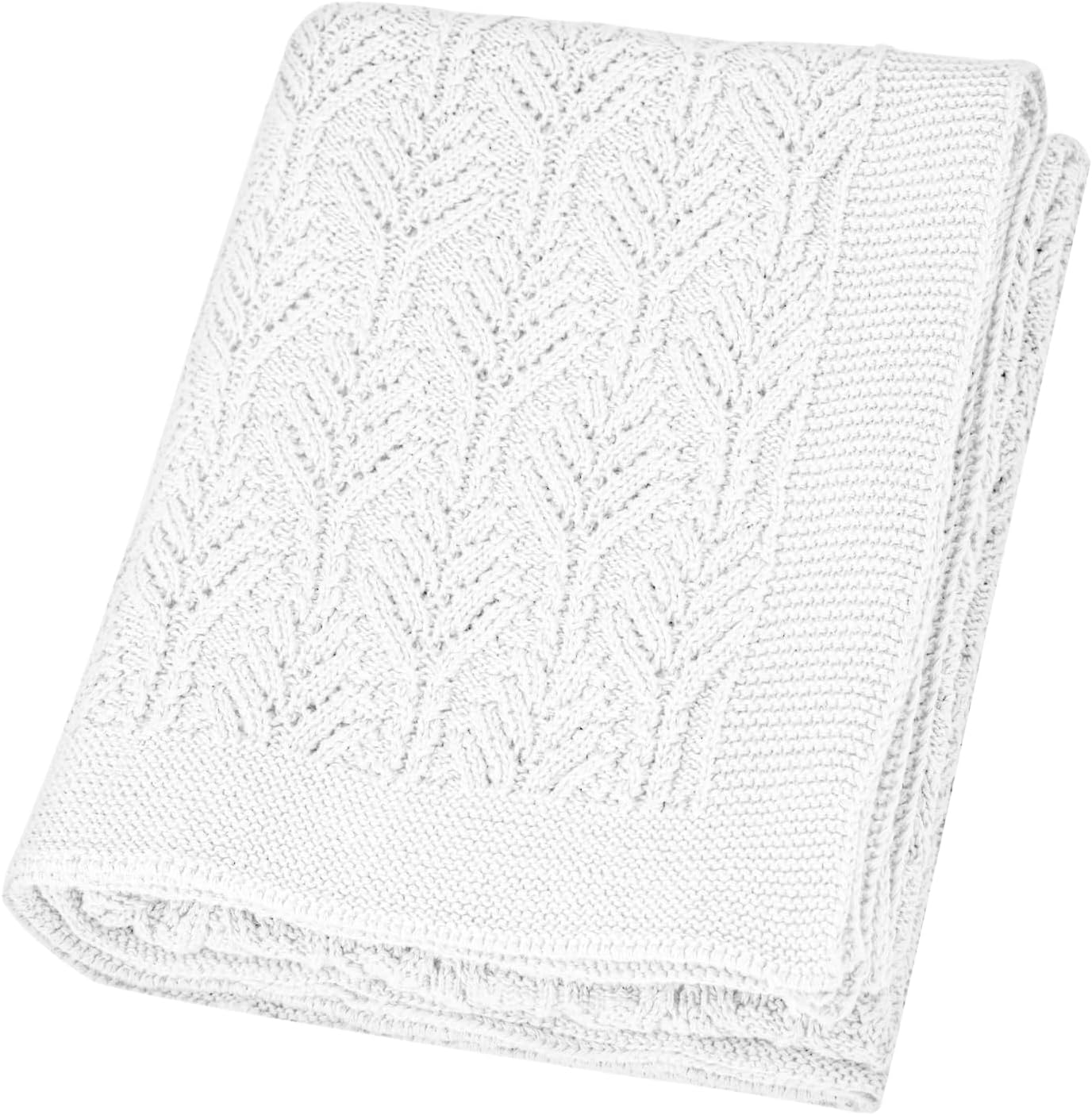 Knitted Baby Blanket White 100% Cotton Crochet Knit Cellular Breathable Soft Baby Blankets for Toddler Newborn Boy Girls 43×35 Inch