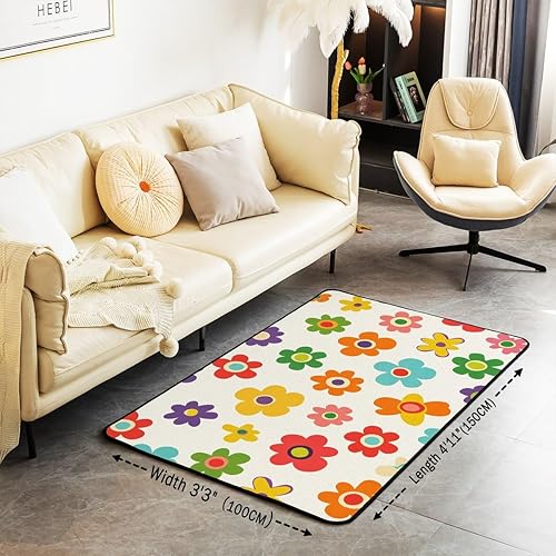 Miniatura 2 de jejeloiu Alfombra retro de 5 x 7 de poliéster, diseño de flores, estilo hippie y vintage, estilo hippie de los años 70, para sala de estar,