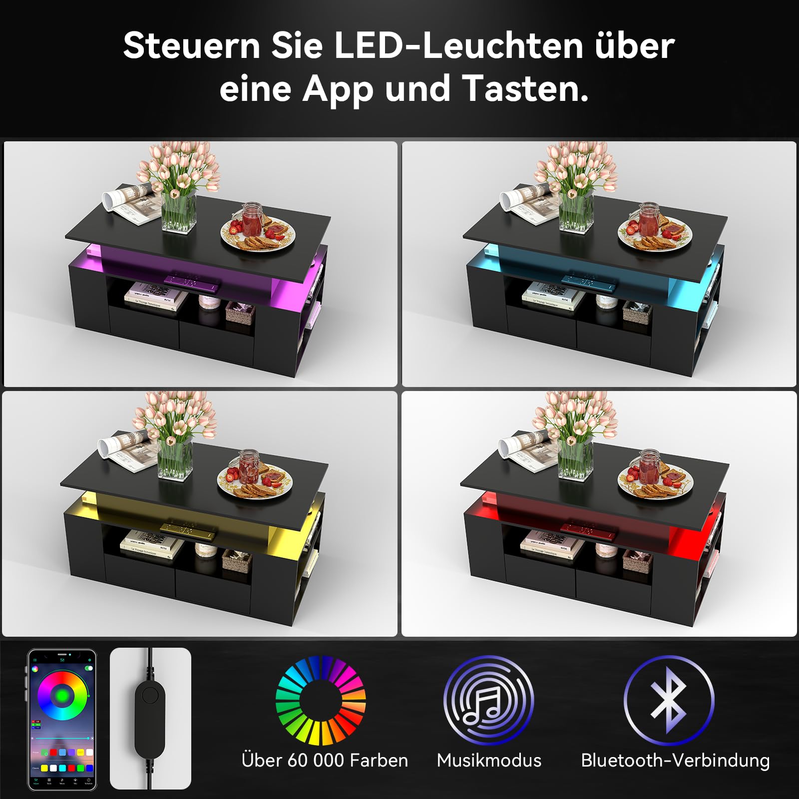 YU YUSING Couchtisch Höhenverstellbar mit Stauraum und LED, Wohnzimmertisch mit Verstecktem Fach und 2 Schubladen, Beistelltisch Umwandelbar in Esstisch, 90x50cm Sofatisch für Wohnzimmer, Schwarz
