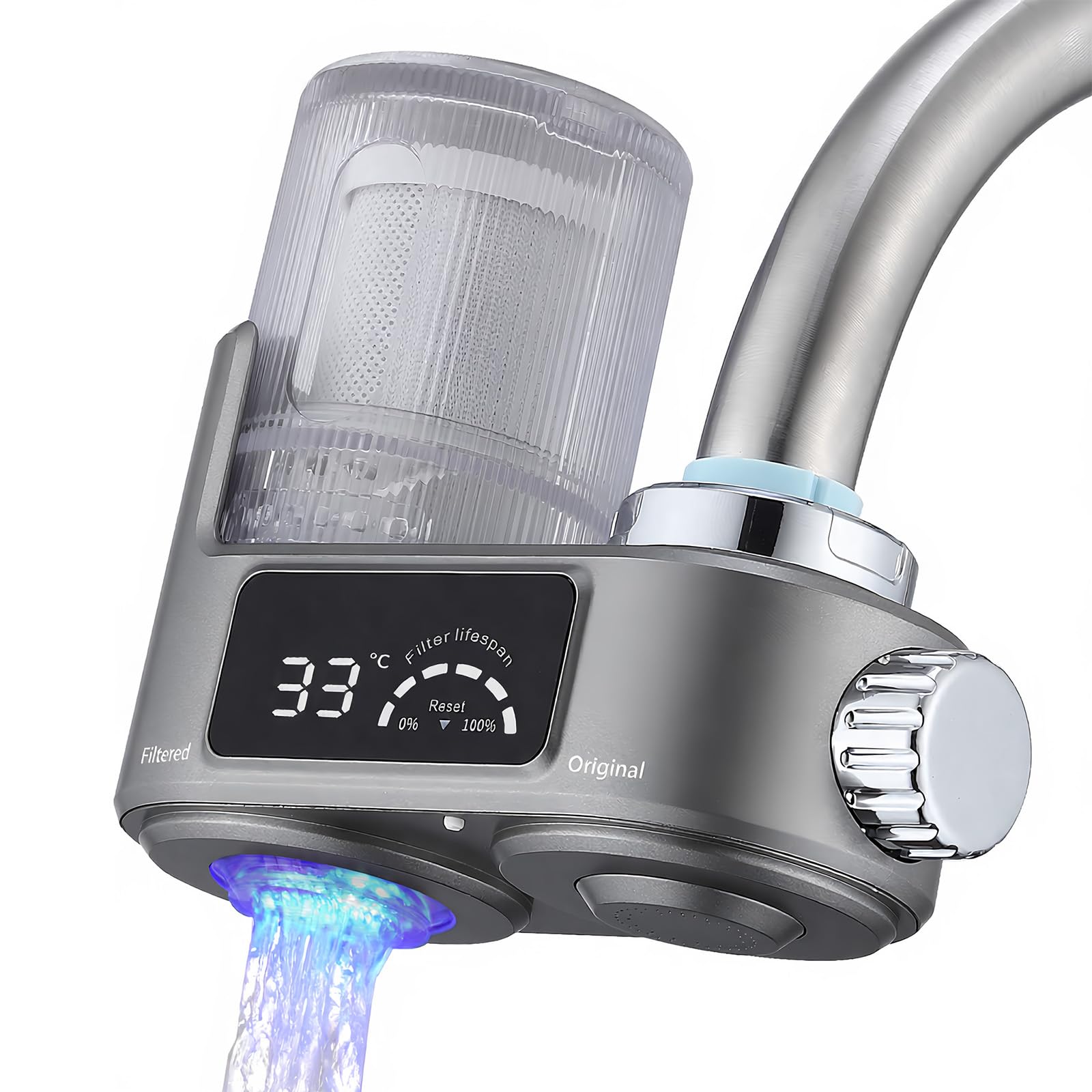 HOMELODY Wasserfilter Wasserhahn mit LED Anzeige, Wasserfilter Trinkwasser für Küche, entfernt Chlor, Schwermetalle & Kalk, Kalkfilter Wasserhahn mit Blaulicht, 12x Adapter (Inkl. Filter*1)