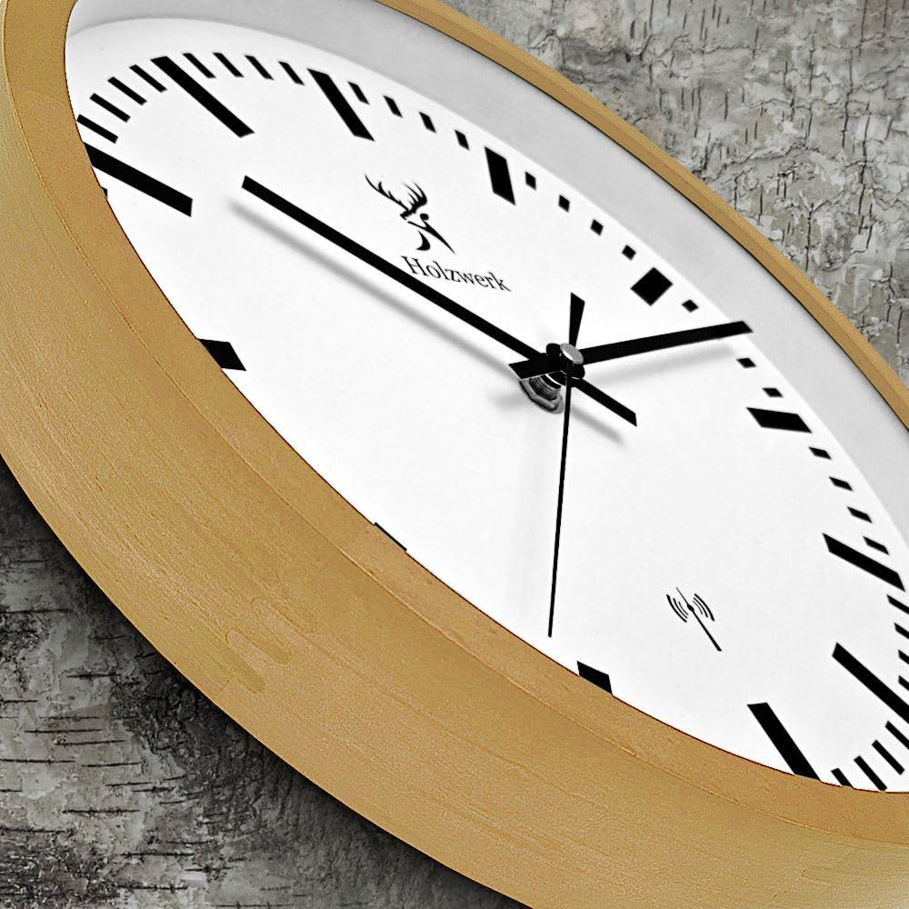 Holzwerk Germany Natur Funkwanduhr Funk Wanduhr Holz-Uhr Retro Vintage Funkuhr lautloses Uhrwerk ohne Tickgeräusche Braun Weiß Massive Buche lautlos aus handgefertigtem Massivholz Natur Holz 30 cm